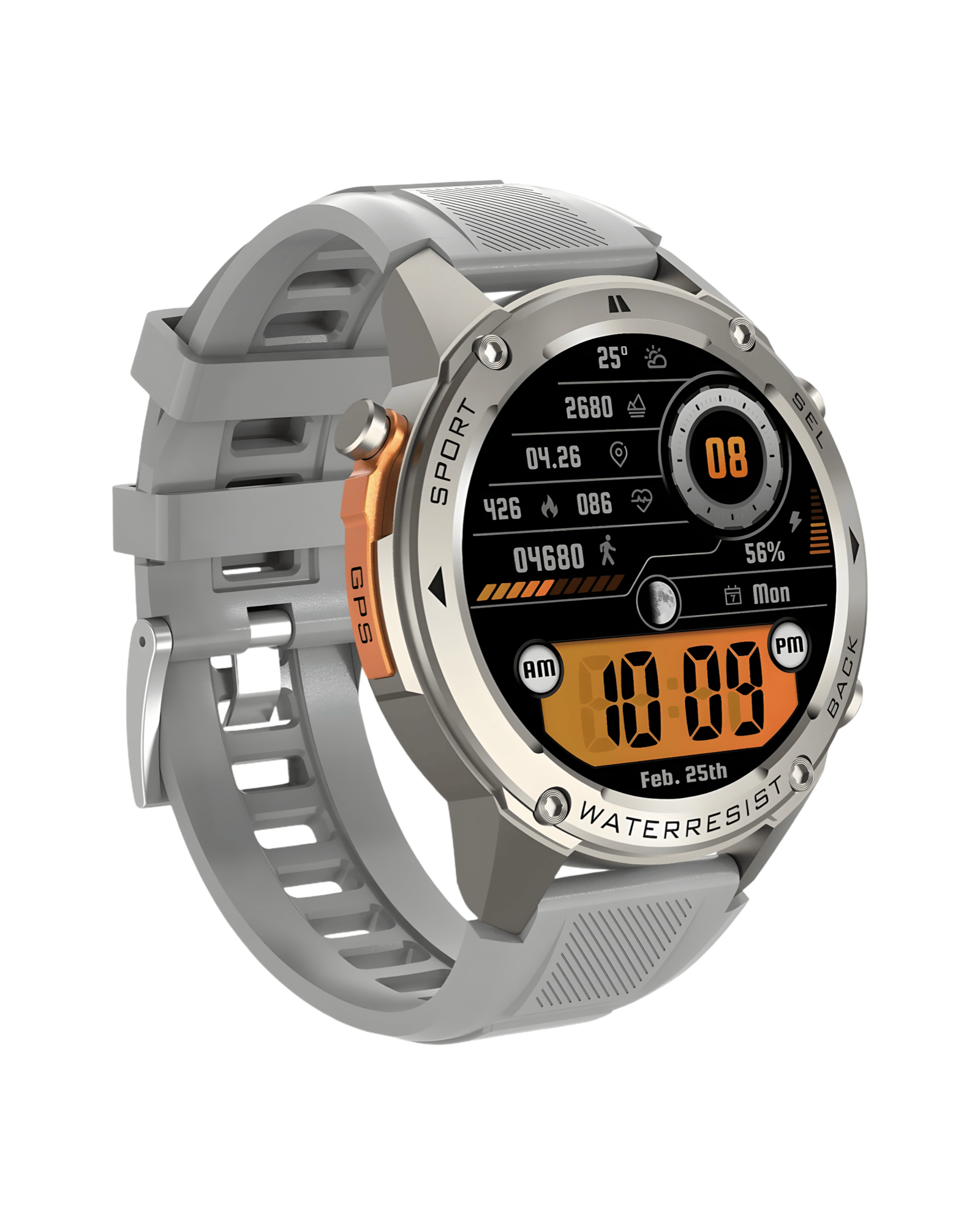 Detalj leve strane pametnog sata Military DM56 sa metalnim kućištem otpornim na udarce i sivom silikonskom narukvicom