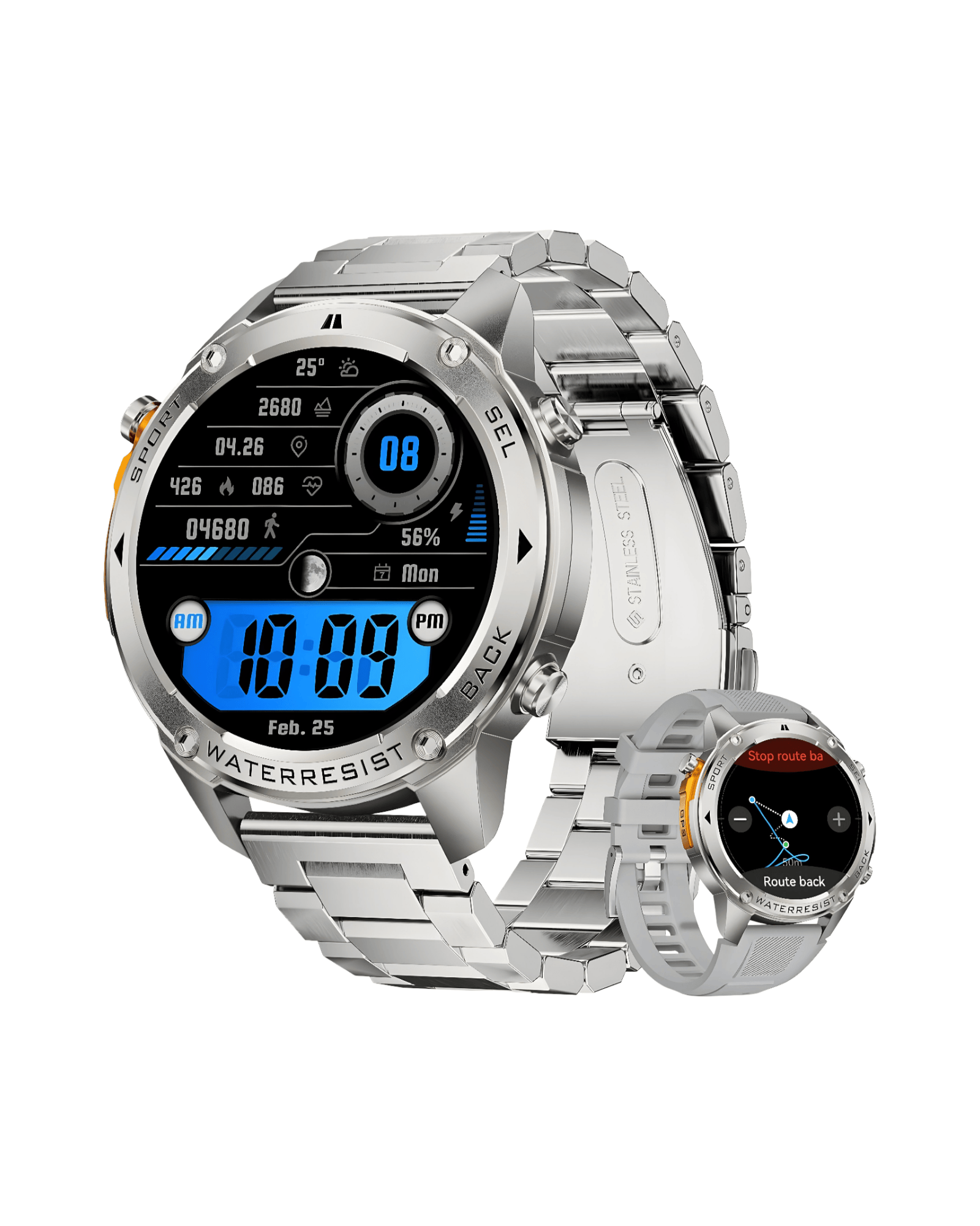 Pametni sat Military DM56 sa metalnom i sivom silikonskom narukvicom, prikaz mogućnosti zamene narukvica i metalnog kućišta