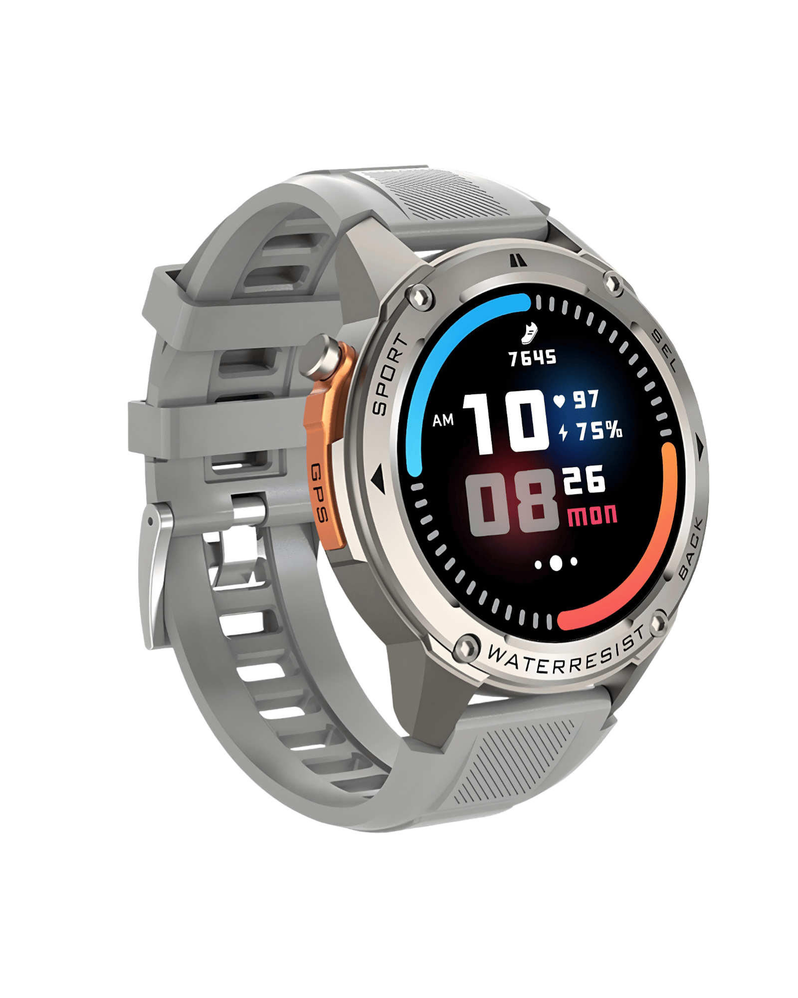 Leva bočna strana pametnog sata Military DM56 sa masivnim metalnim kućištem i sivom silikonskom narukvicom