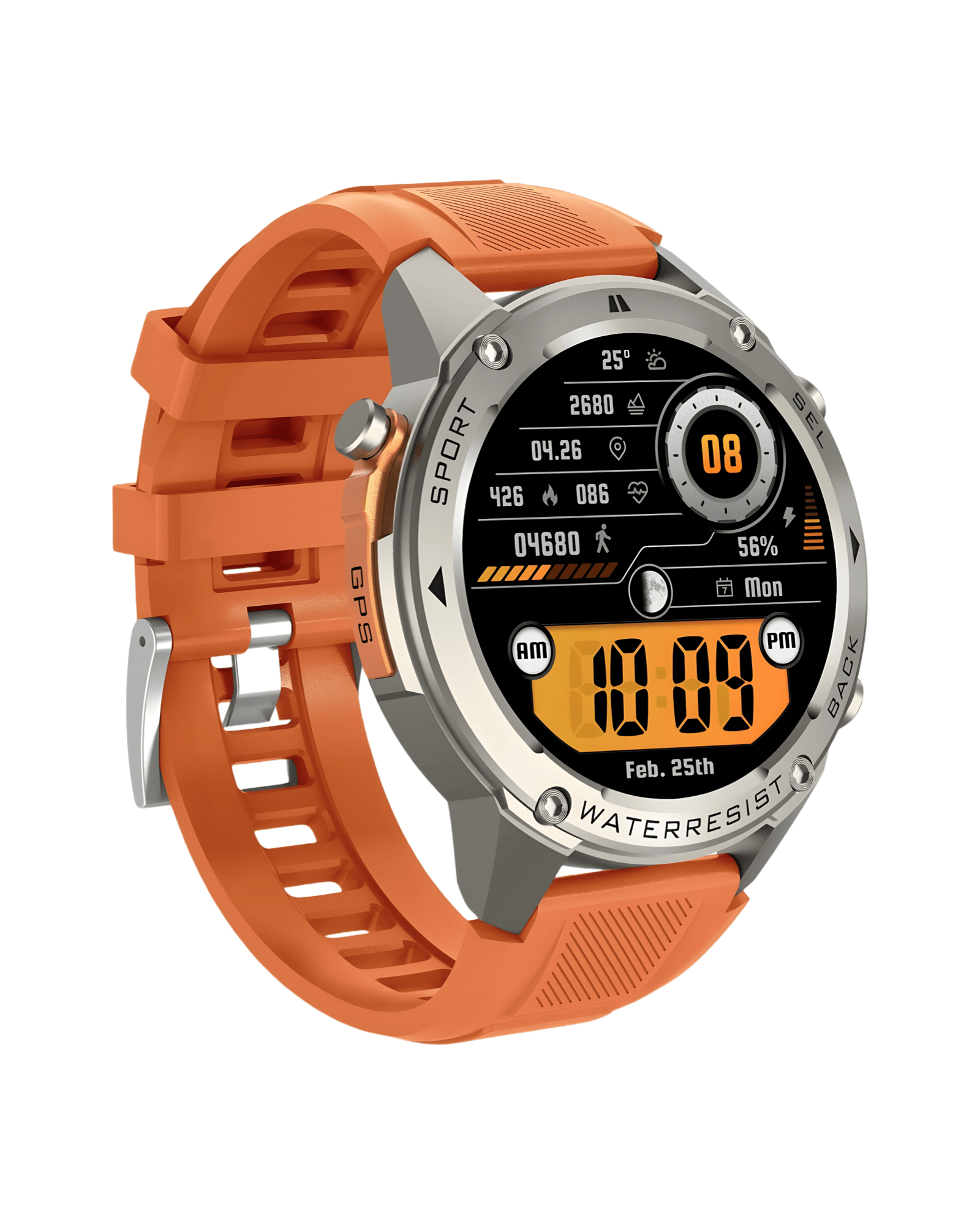 Leva bočna strana pametnog sata Military DM56 Metal Orange sa čvrstim srebrnim kućištem i narandžastom silikonskom narukvicom