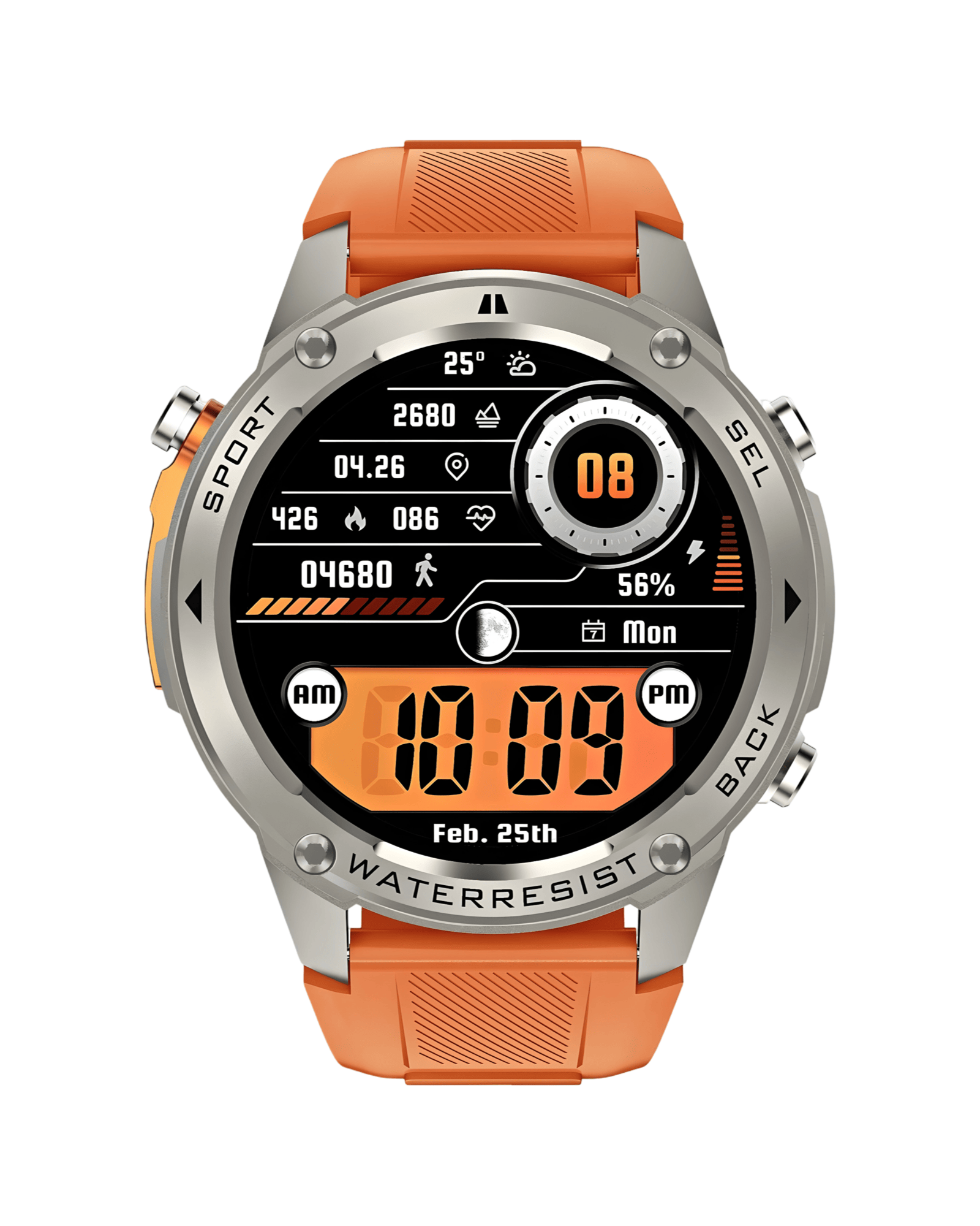 Prednja strana pametnog sata Military DM56 Metal Orange sa jasnim ekranom i narandžastom silikonskom narukvicom