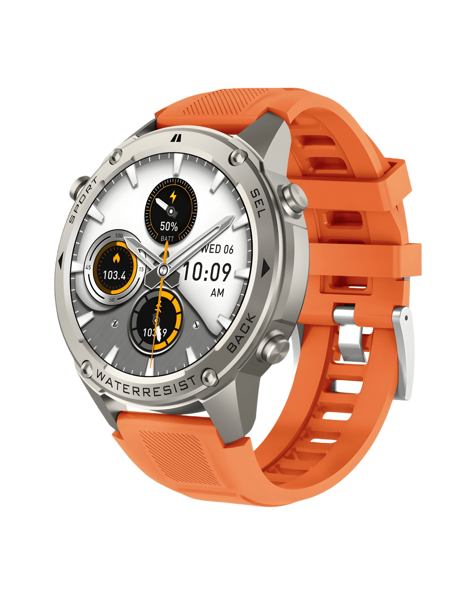 Bočni prikaz desne strane pametnog sata Military DM56 Metal Orange sa srebrnim kućištem i sportskom narandžastom silikonskom narukvicom