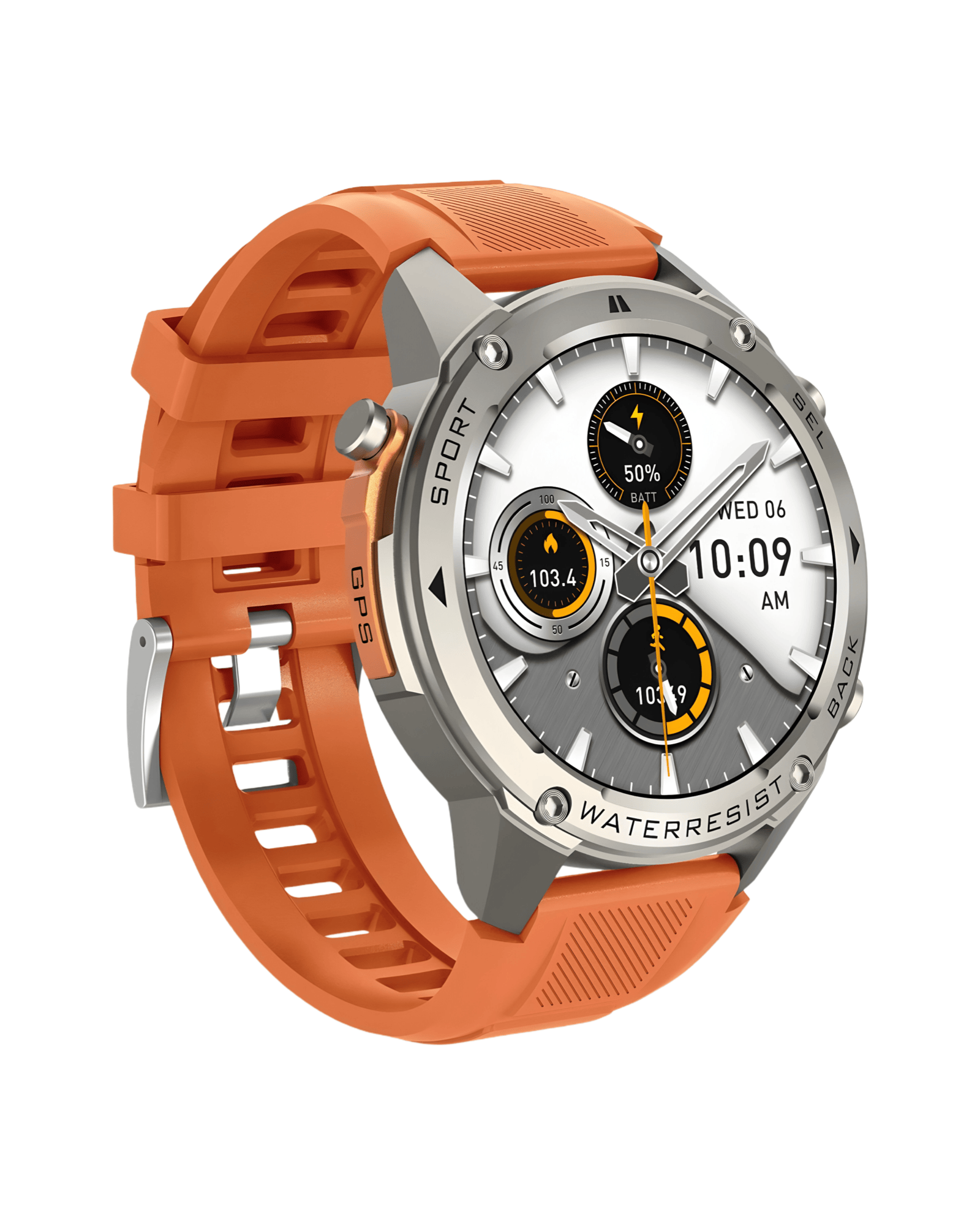 Detalj leve bočne strane pametnog sata Military DM56 Metal Orange sa metalnim srebrnim kućištem i silikonskom narukvicom