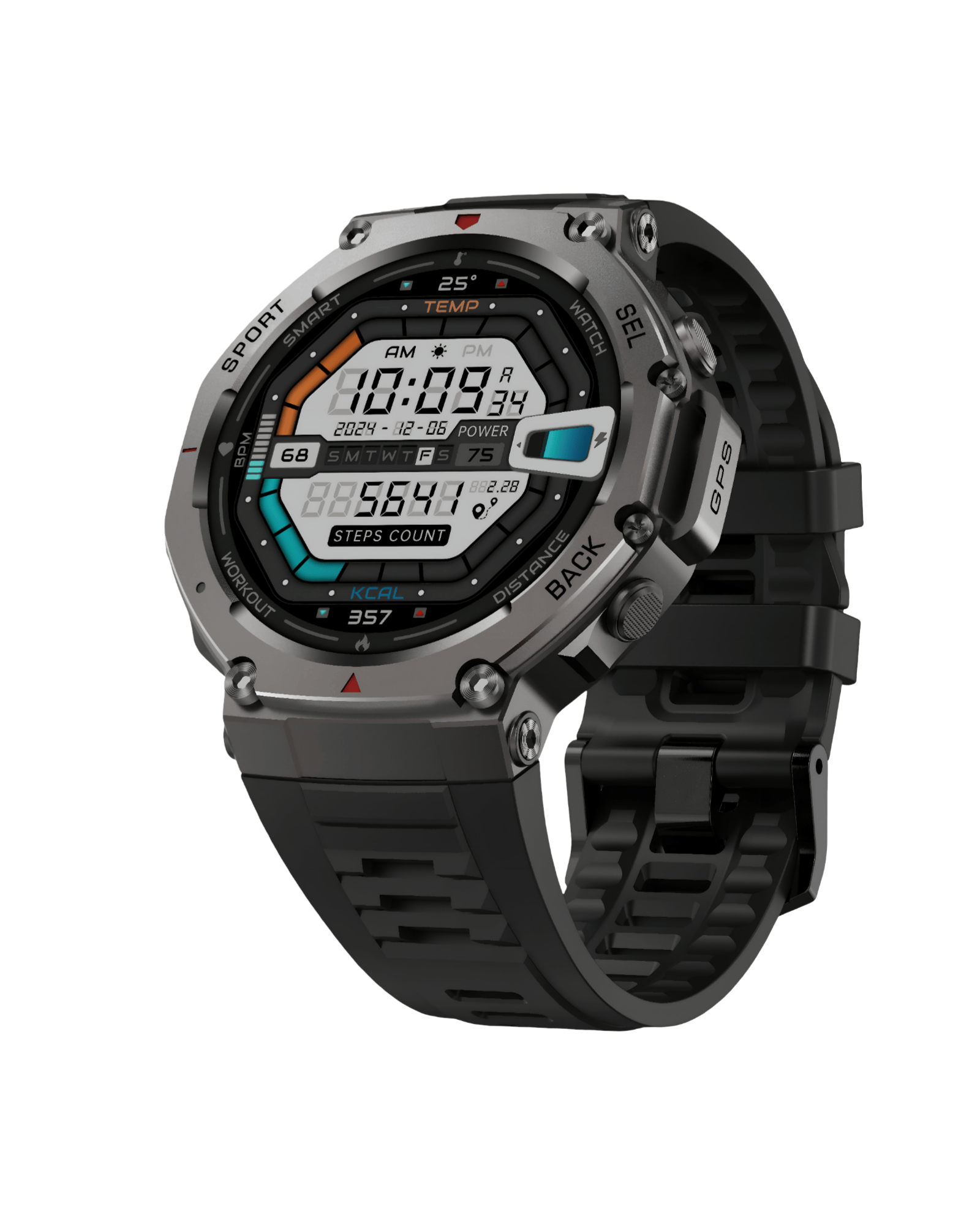 Military DM58 Black pametni sat – levi bočni prikaz metalnog kućišta i silikonske narukvice