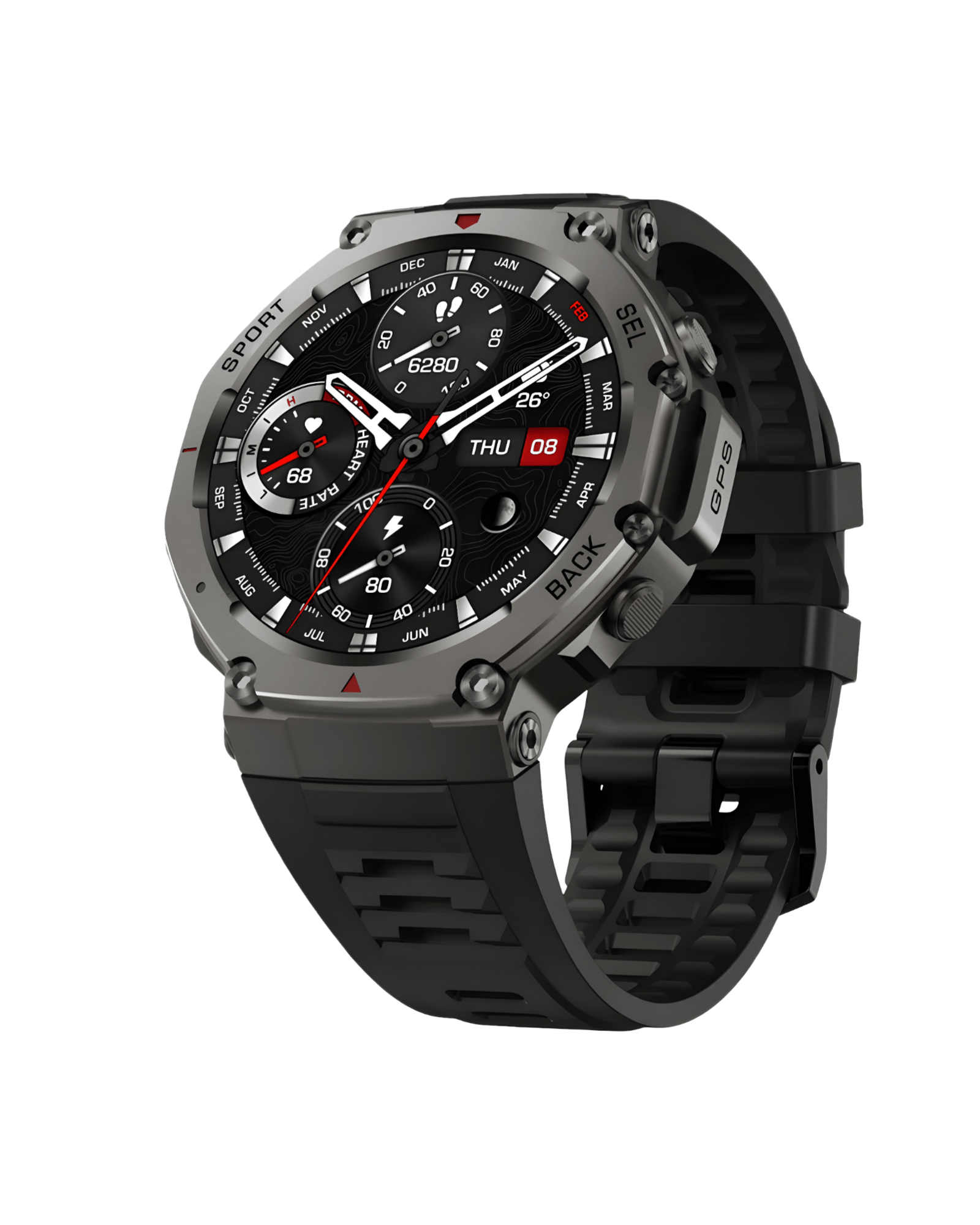 Muški pametni sat Military DM58 Black – leva bočna strana sata, metalno kućište sa silikonskom narukvicom