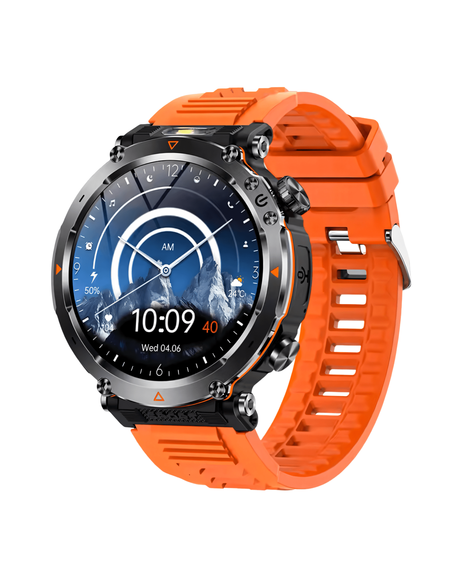 Prikaz prednje strane kucista i silikonske narukvice muskog pametnog sata Military G17 u narandzastoj boji. pozadina 1