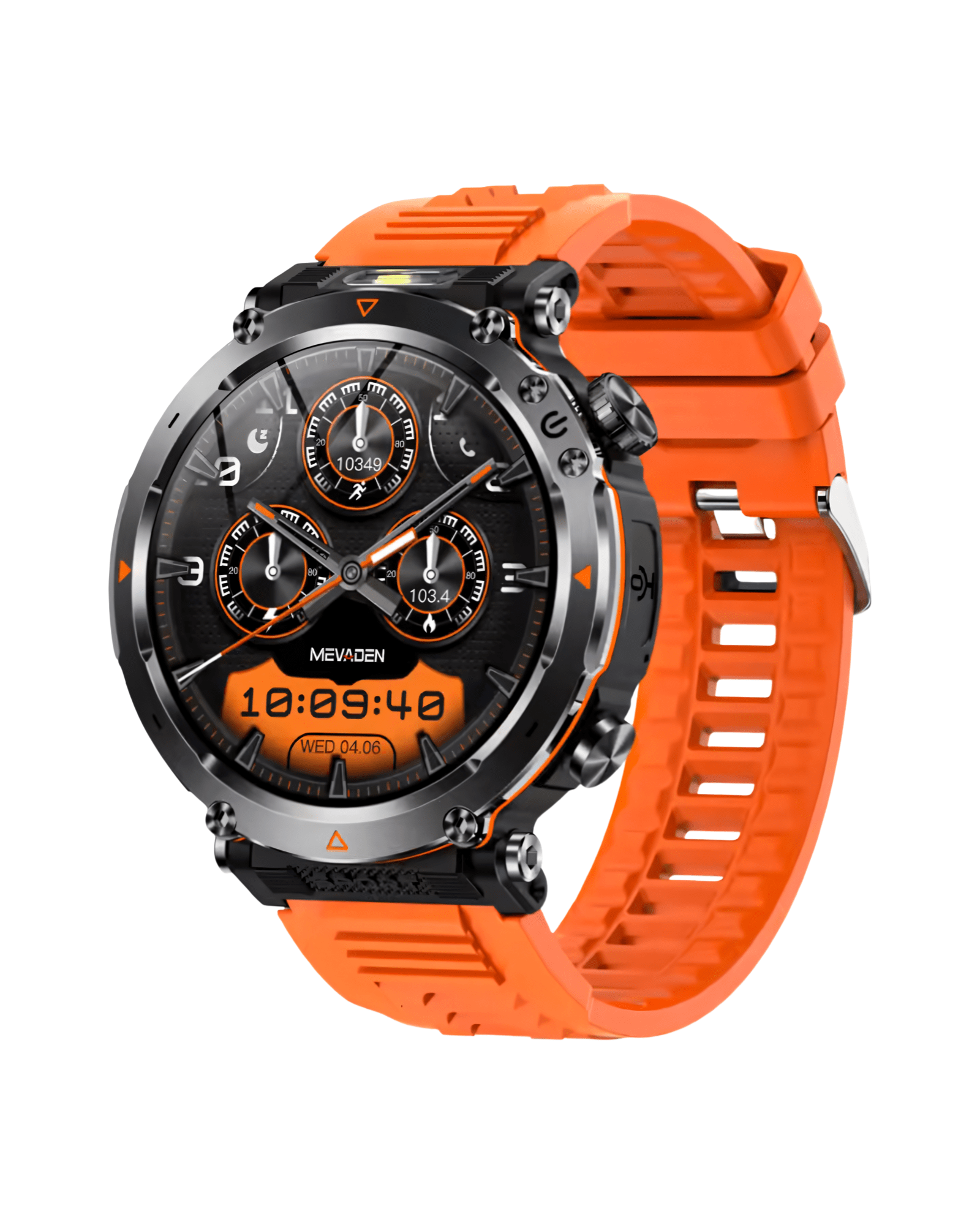 Prikaz prednje strane kucista i silikonske narukvice muskog pametnog sata Military G17 u narandzastoj boji. pozadina 2
