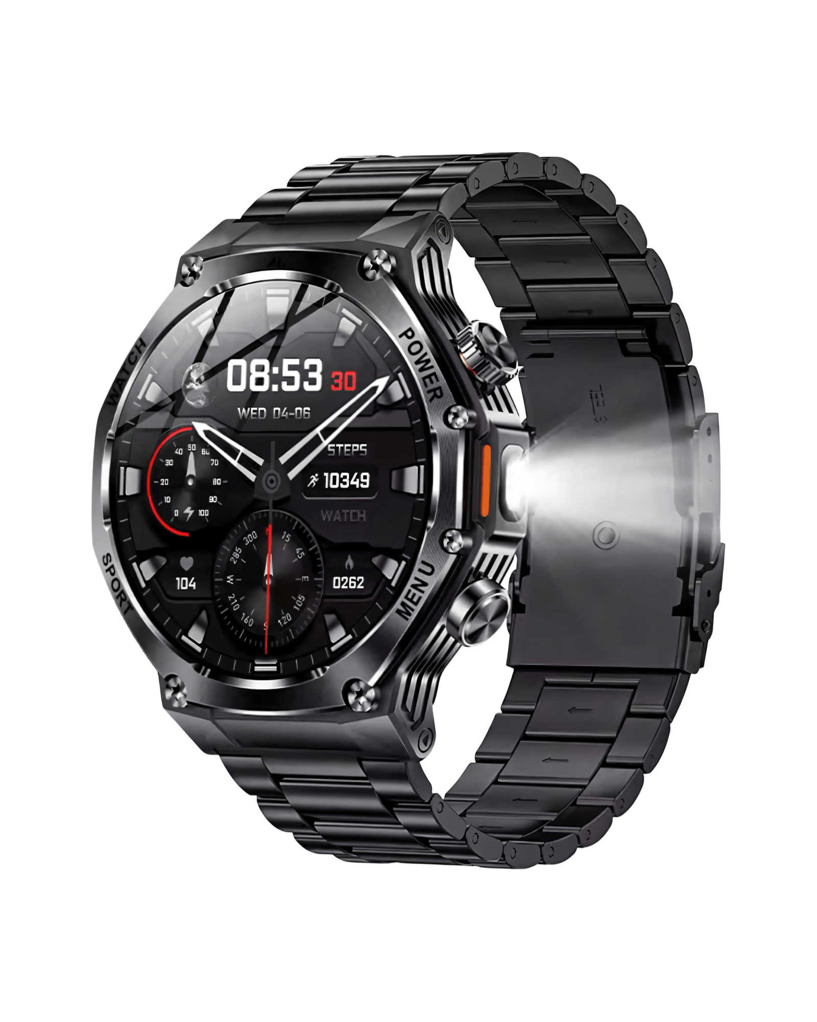 Muški pametni sat Military G19 sa metalnom narukvicom, aktiviran LED blic i digitalni brojčanik u crnoj boji