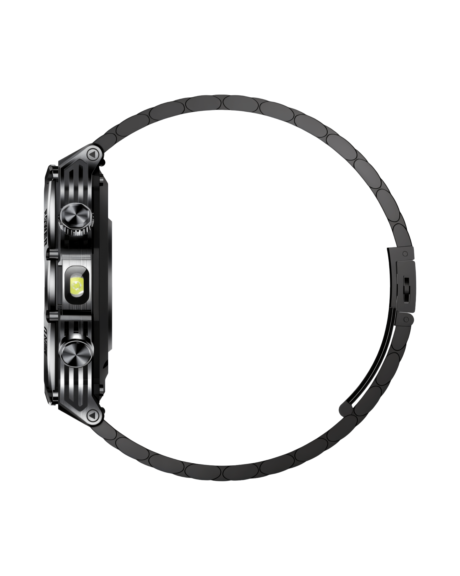 Bočni prikaz kućišta muškog pametnog sata Military G19 sa metalnom narukvicom i integrisanim LED svetlom