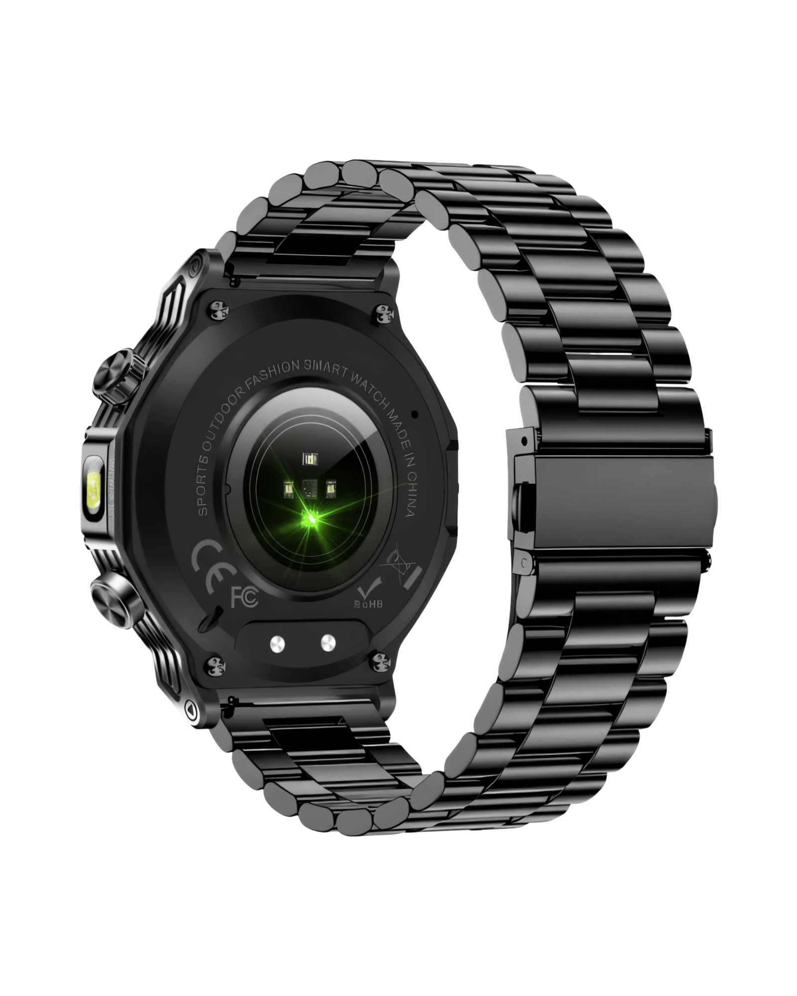 Zadnja strana muškog pametnog sata Military G19 sa prikazom senzora za puls i metalne narukvice