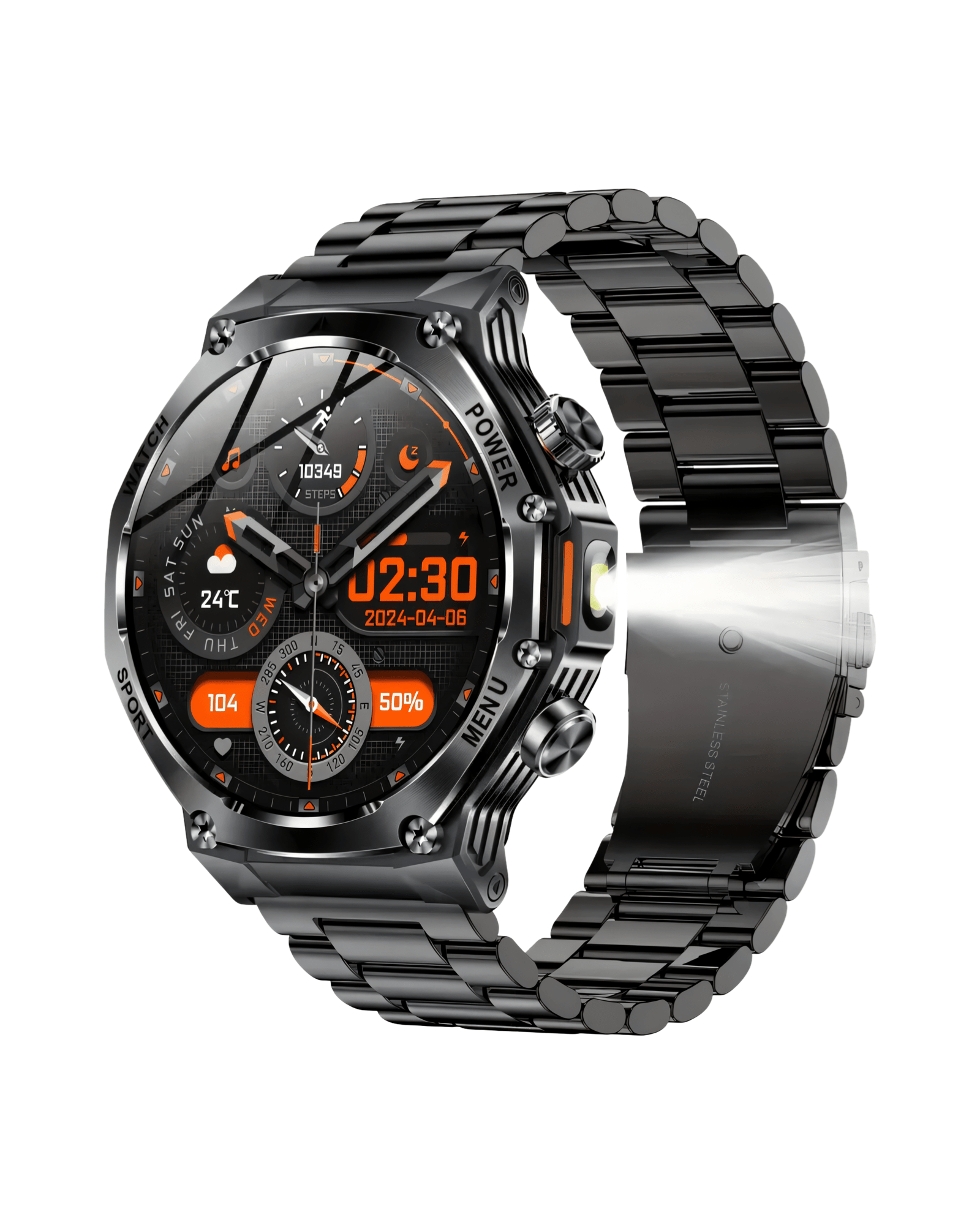 Muški pametni sat Military G19 sa metalnom narukvicom i crnim kućištem, prikaz narandžastog interfejsa na ekranu