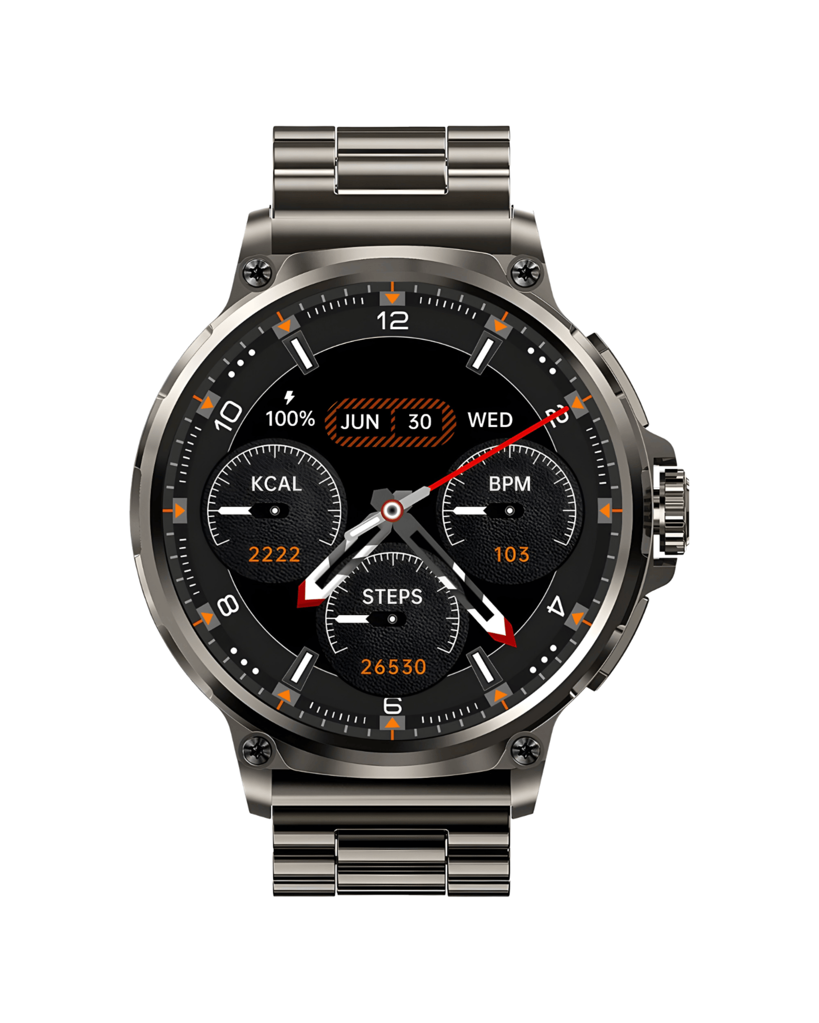 Military G21 Black pametni sat – uključen ekran i metalna narukvica, prednji pogled