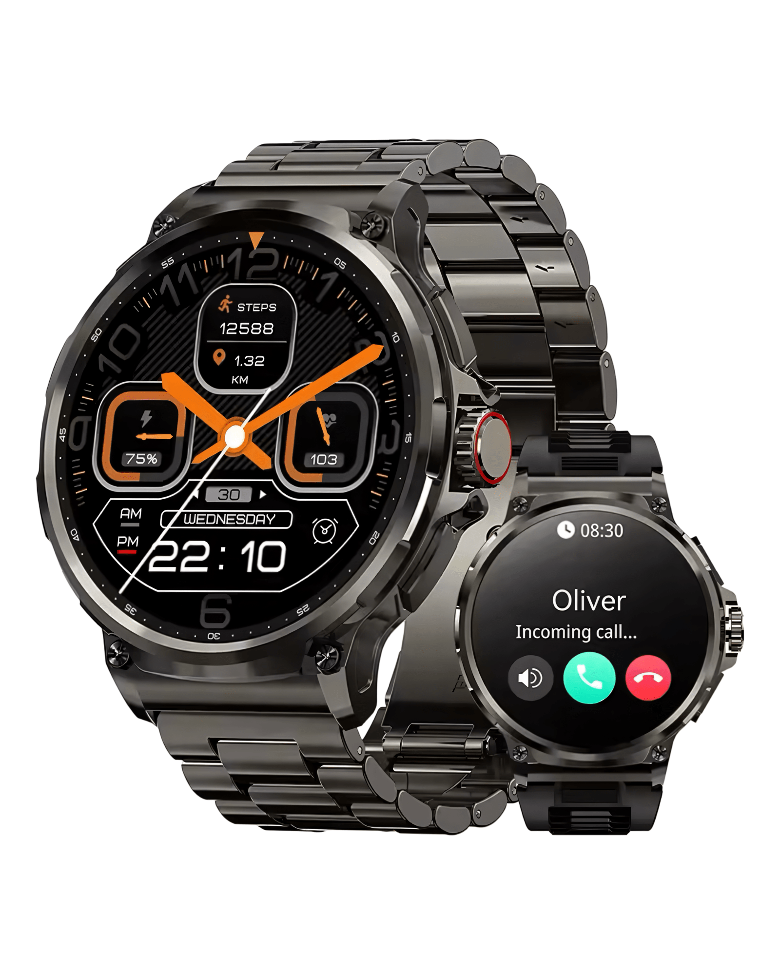 Prikaz prednje i leve bocne strane muskog pametnog sata Military G21 u crnoj boji. Sat ima metalnu i silikonsku narukvicu