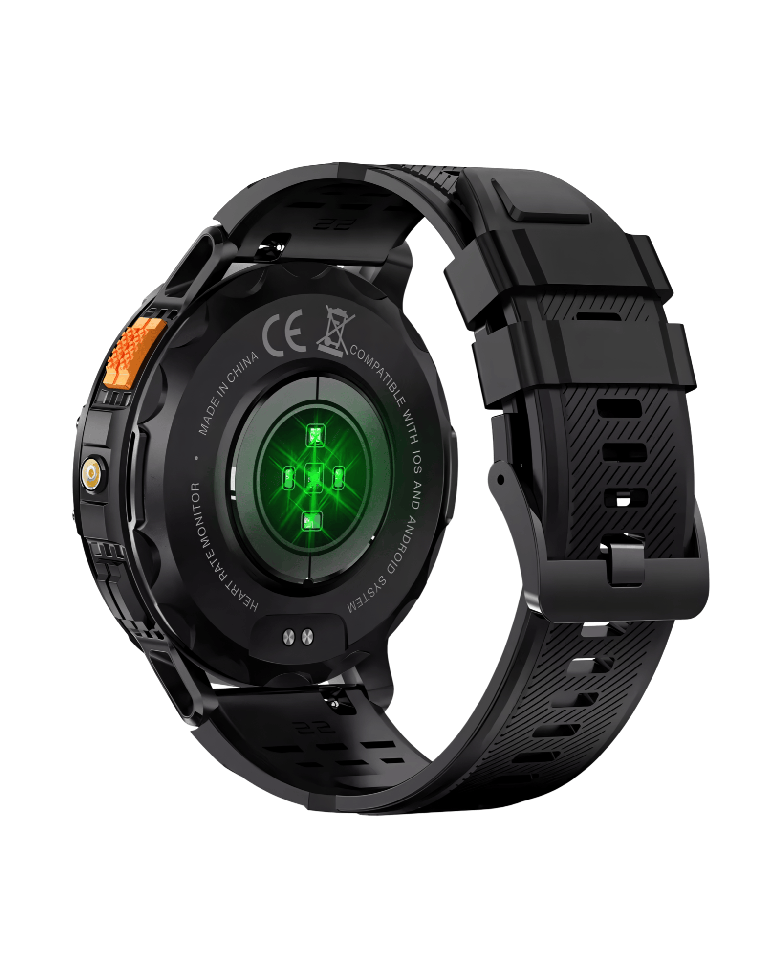 Muški pametni sat Military K65 Black – zadnja strana sa crnom gumenom narukvicom i senzorima za puls i kiseonik u krvi