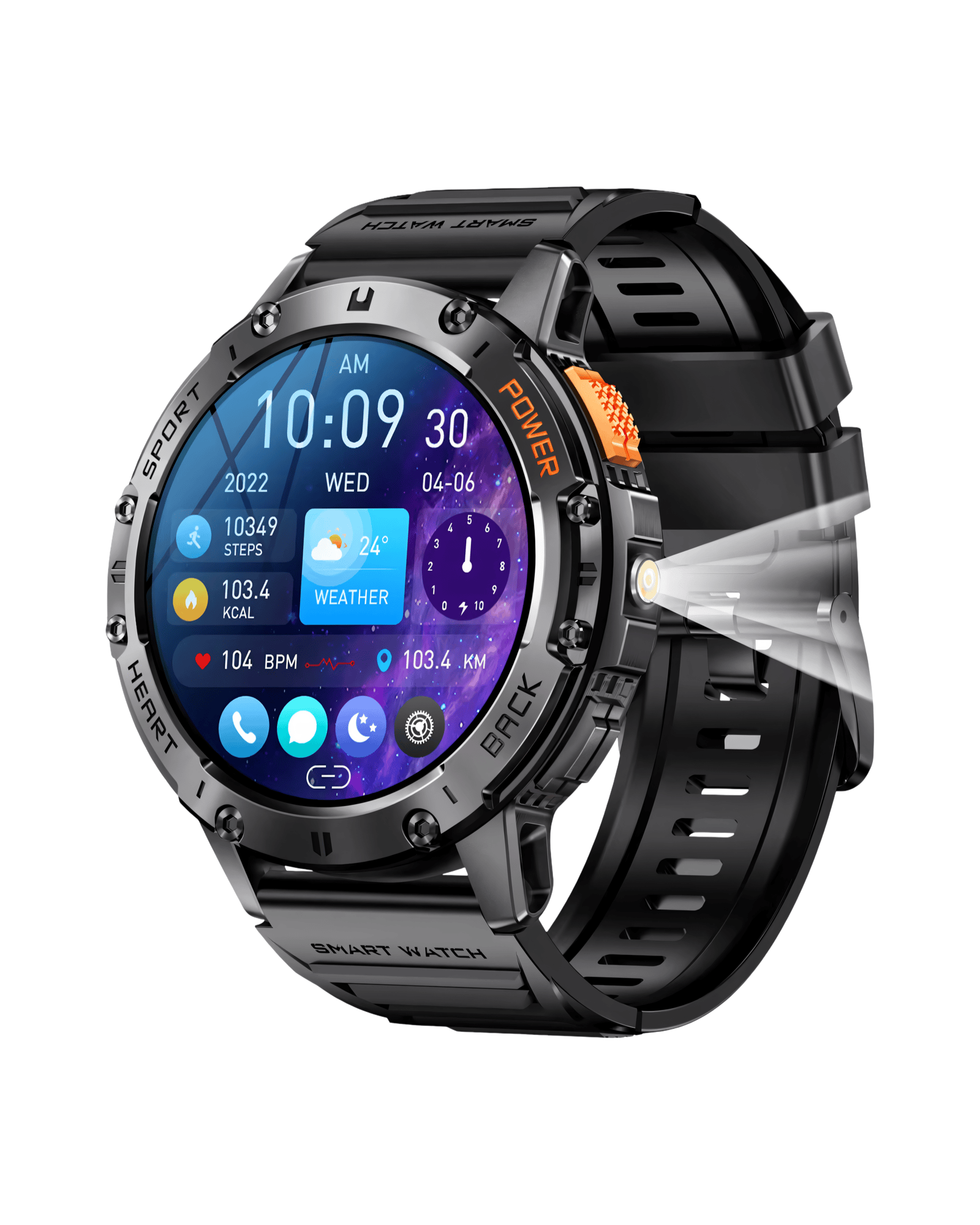 Muški pametni sat Military K65 Metal Black – prednja strana sa crnom silikonskom narukvicom