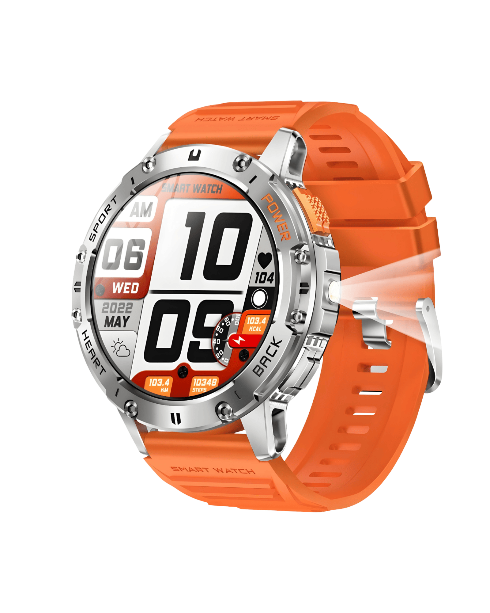 Muški pametni sat Military K65 Orange – desna bočna strana sa uključenim LED blicem i silikonskom narukvicom