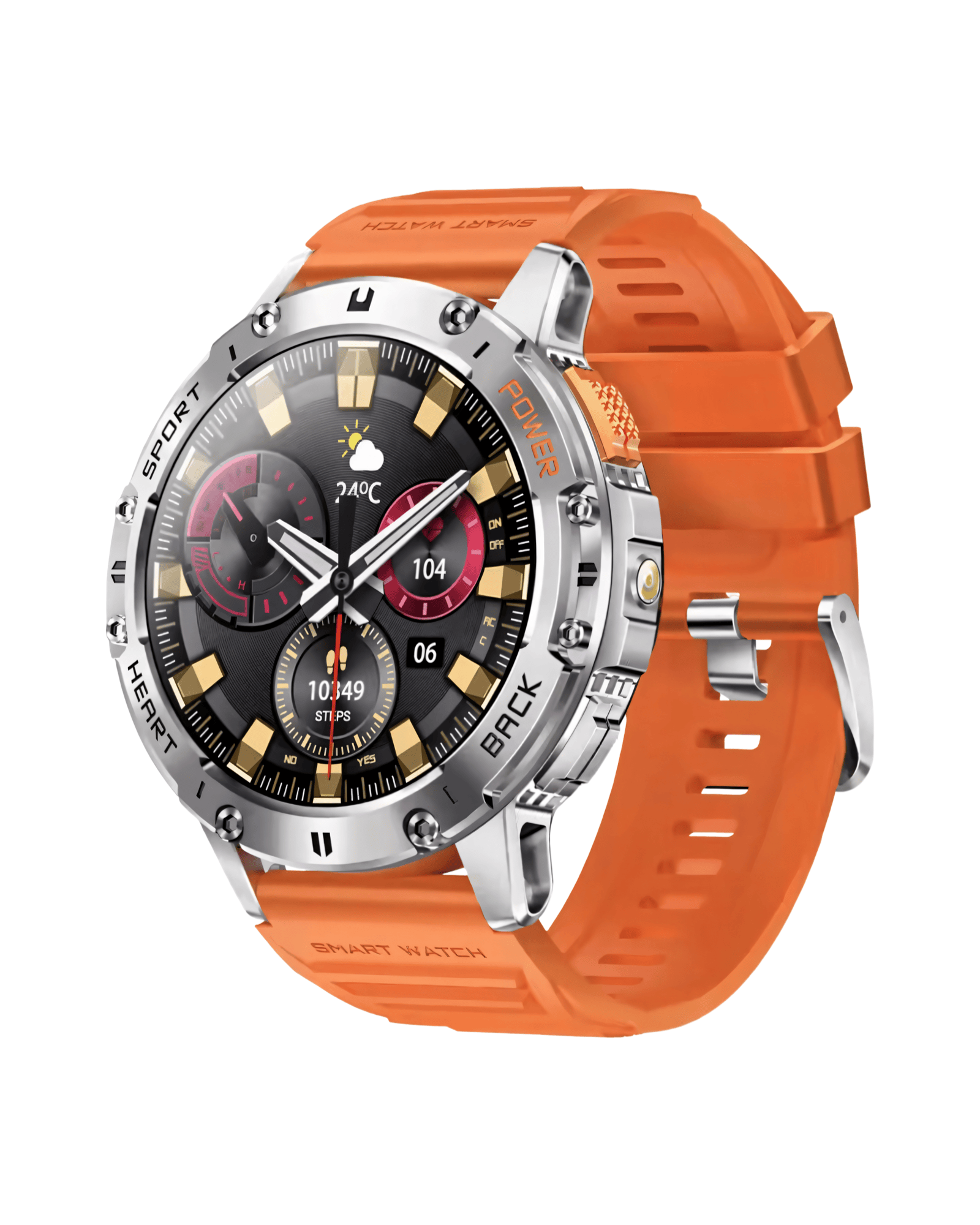 Muški pametni sat Military K65 Orange – prednja strana sa narandžastom gumenom narukvicom i AMOLED ekranom