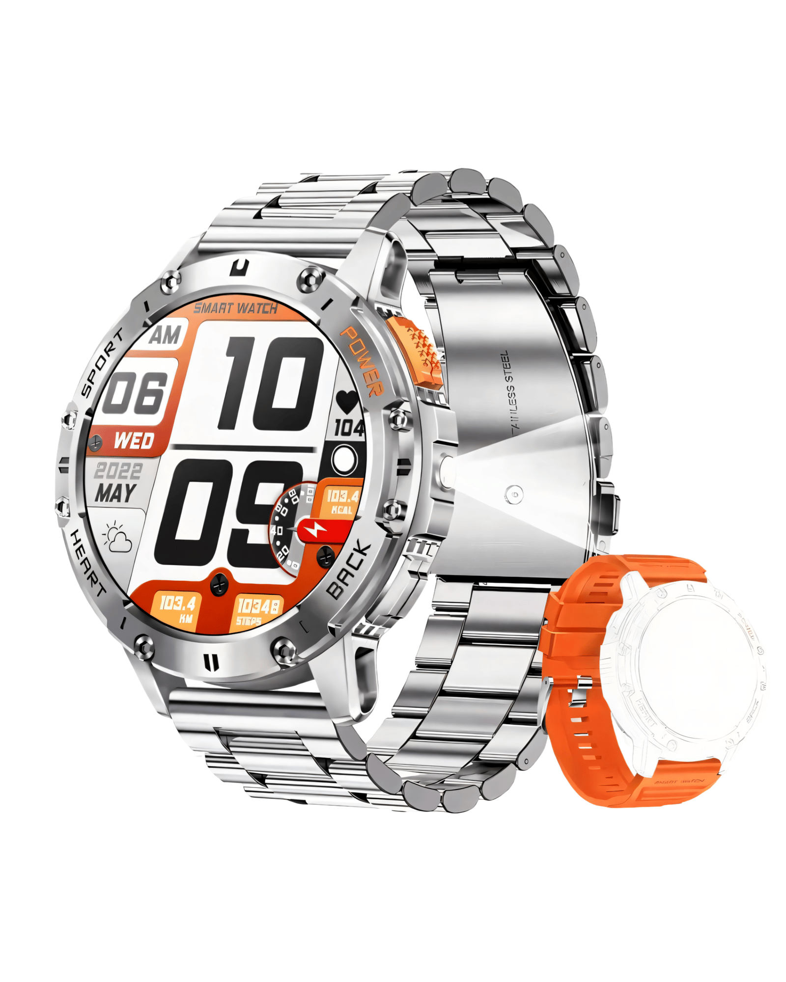 Muški pametni sat Military K65 Orange – prednja strana sa srebrnom metalnom narukvicom i aktivnim ekranom