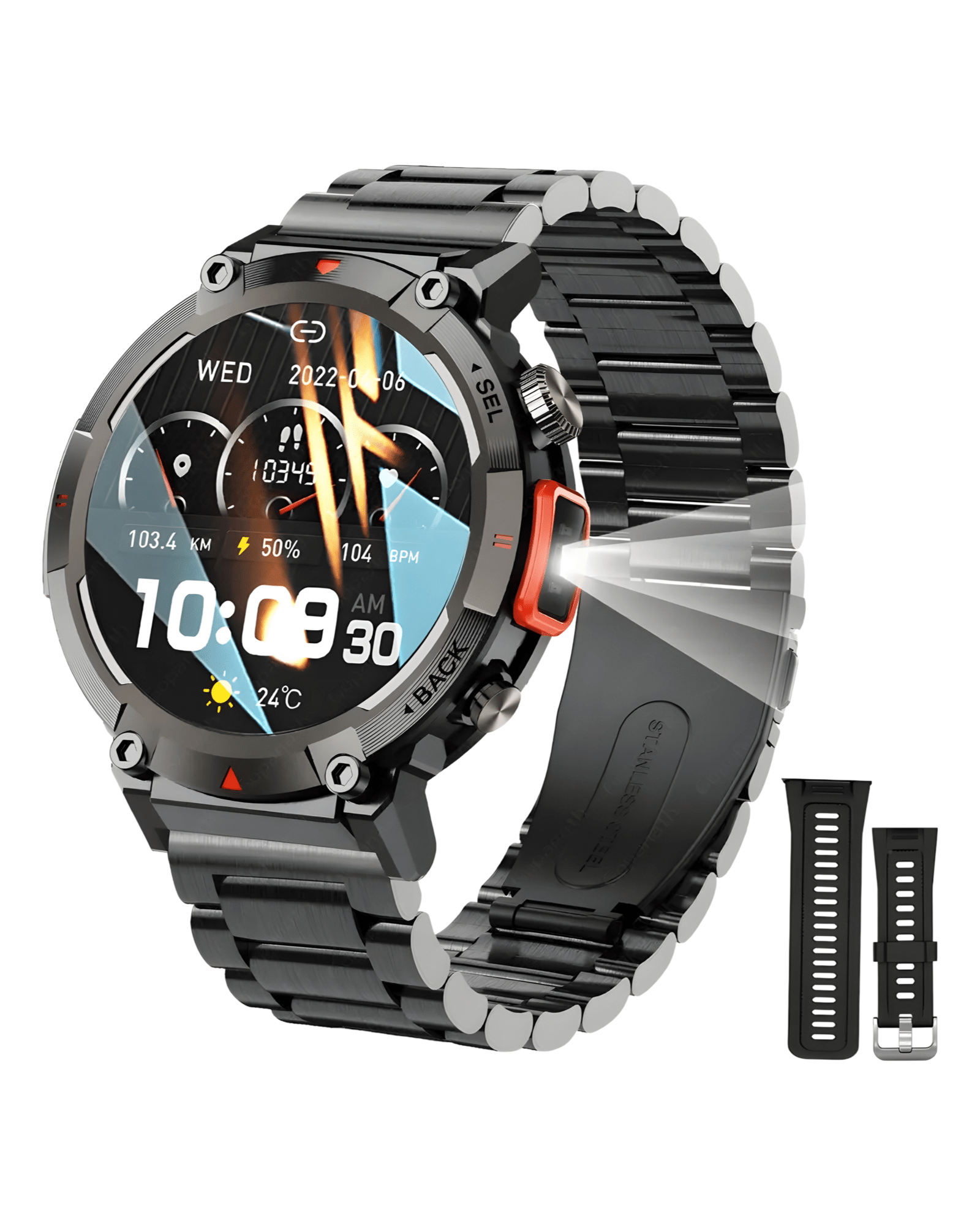 Prikaz prednje strane muskog pametnog sata Military NX11 u crnoj boji. Sat ima metalnu i silikonsku crnu narukvicu