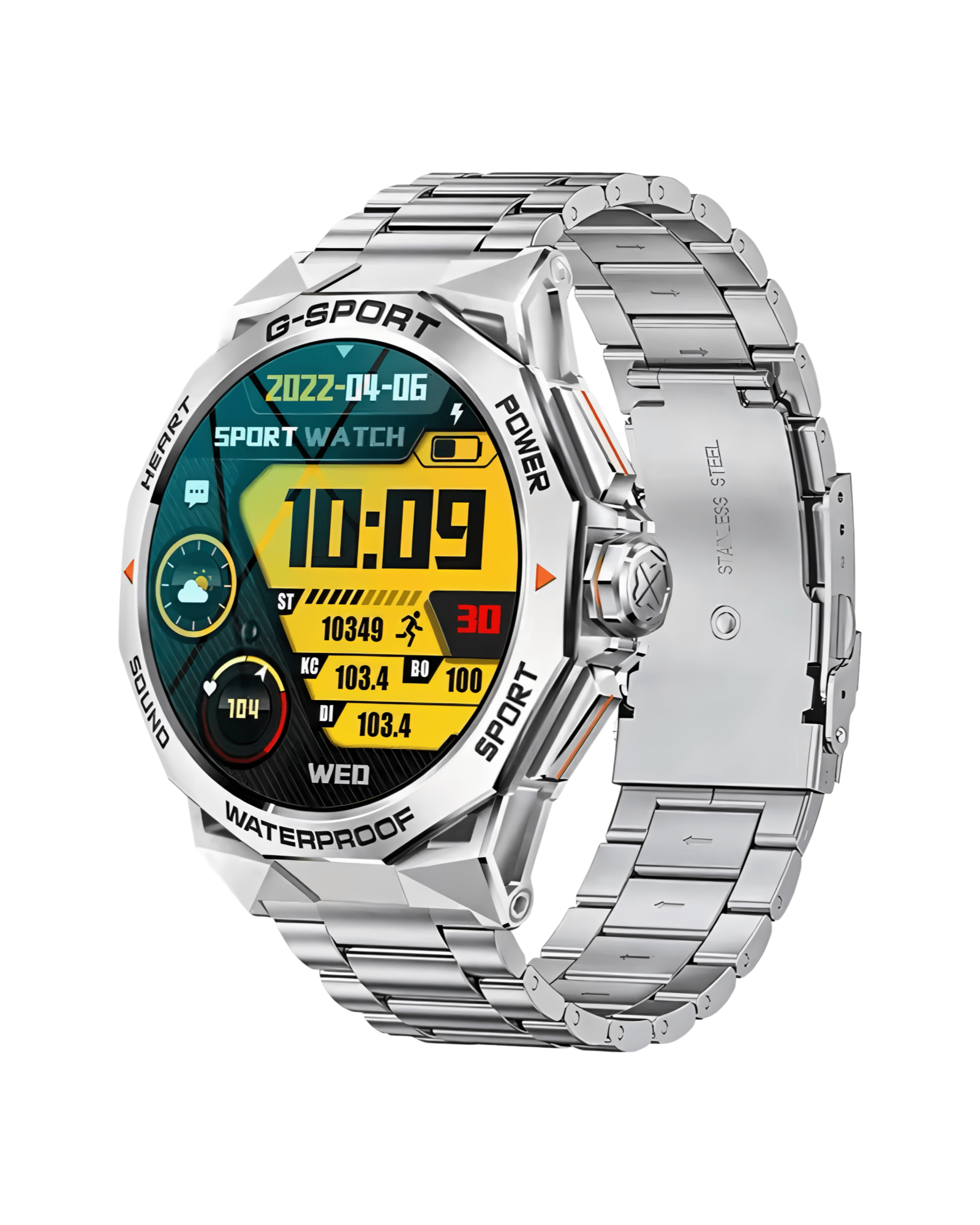 Muški pametni sat Military NX12 Metal Orange sa srebrnim metalnim kućištem, metalnom narukvicom i uključenim ekranom – elegantan prednji pogled