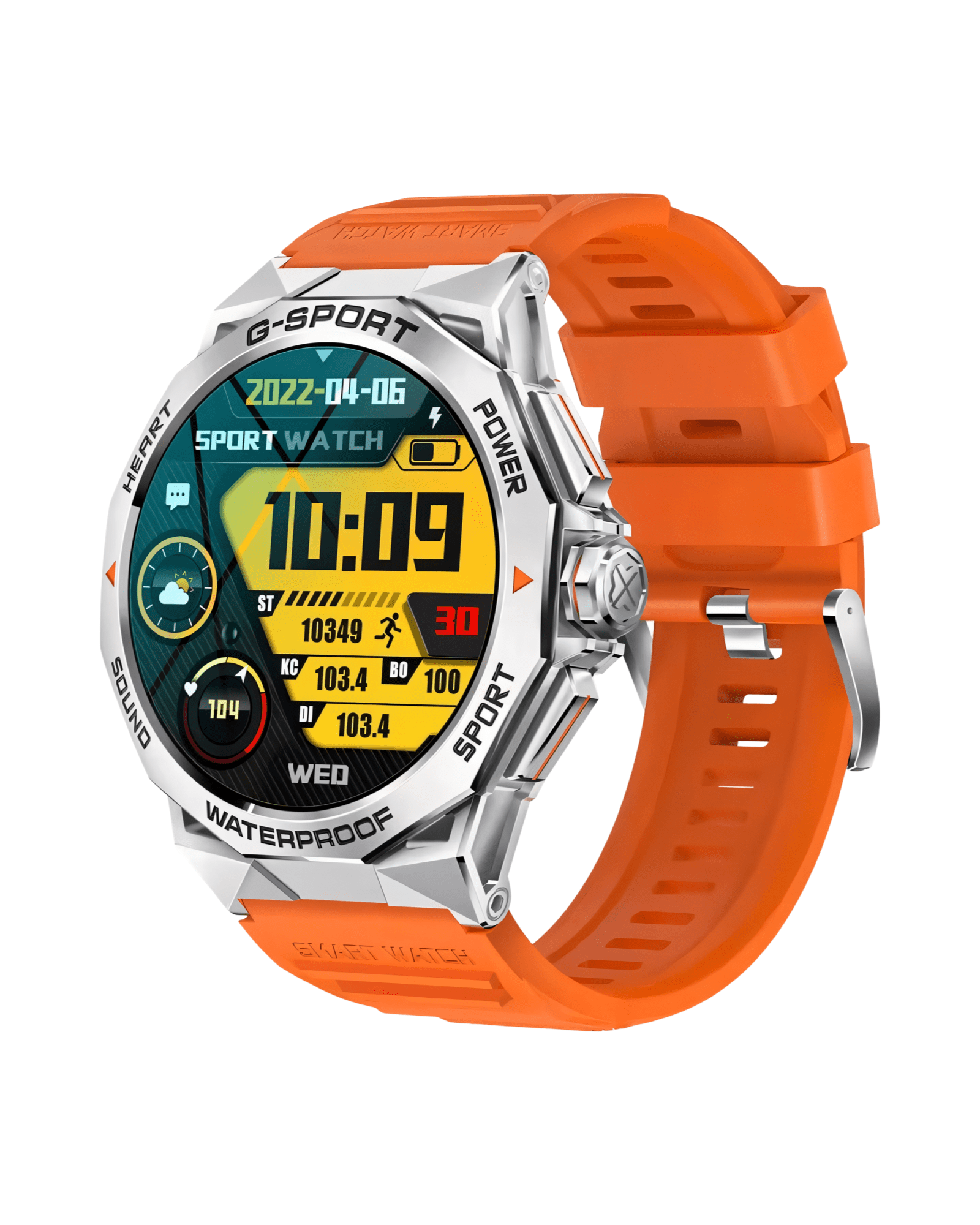 Muški pametni sat Military NX12 Metal Orange sa srebrnim metalnim kućištem, aktivnim ekranom i narandžastom silikonskom narukvicom – prednji prikaz