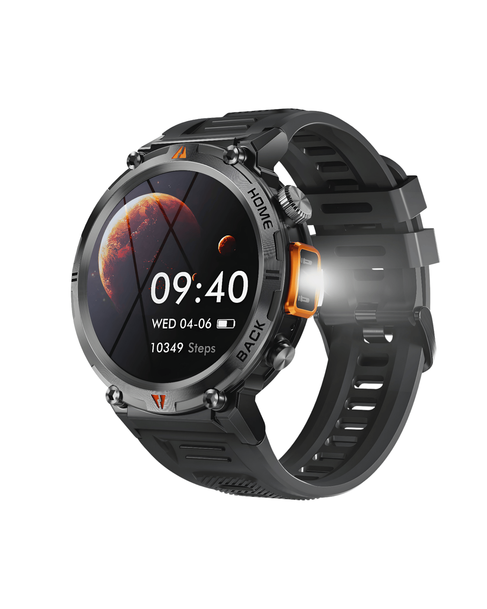 Military NX21 Metal Black pametni sat sa silikonskom narukvicom, desna bočna strana i uključen LED blic