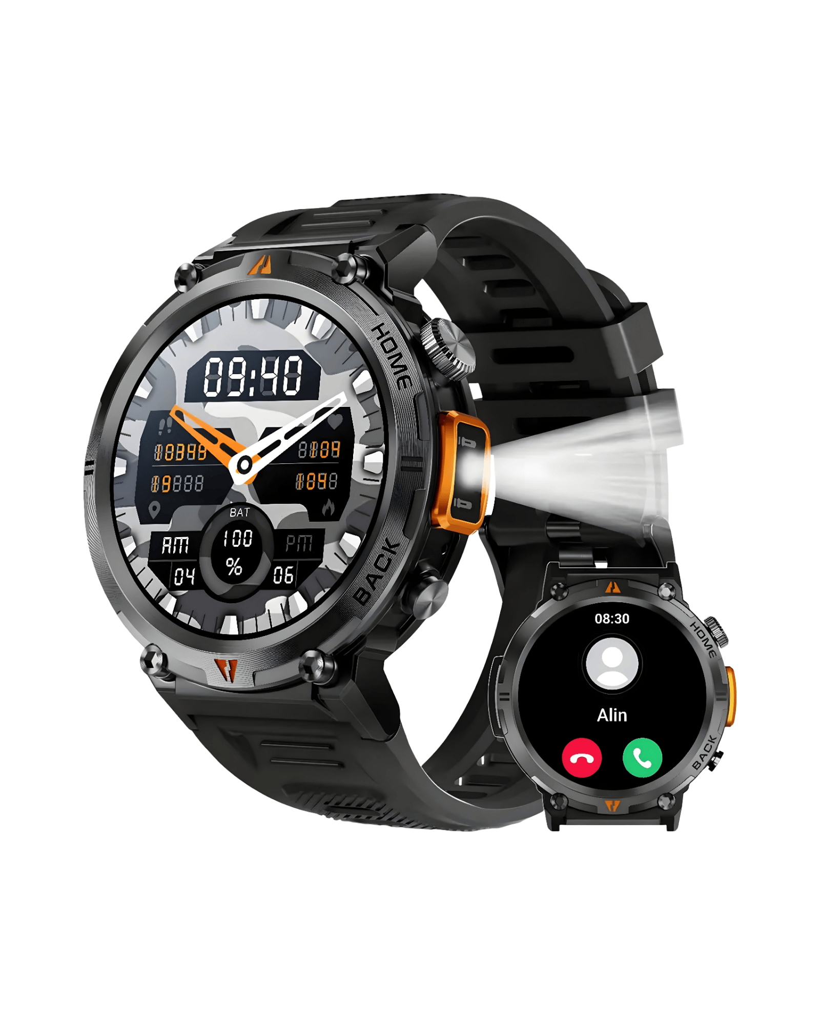 Muški pametni sat Military NX21 Metal Black sa silikonskom narukvicom, metalna narukvica je dostupna takođe, prednja strana sa uključenim LED blicem