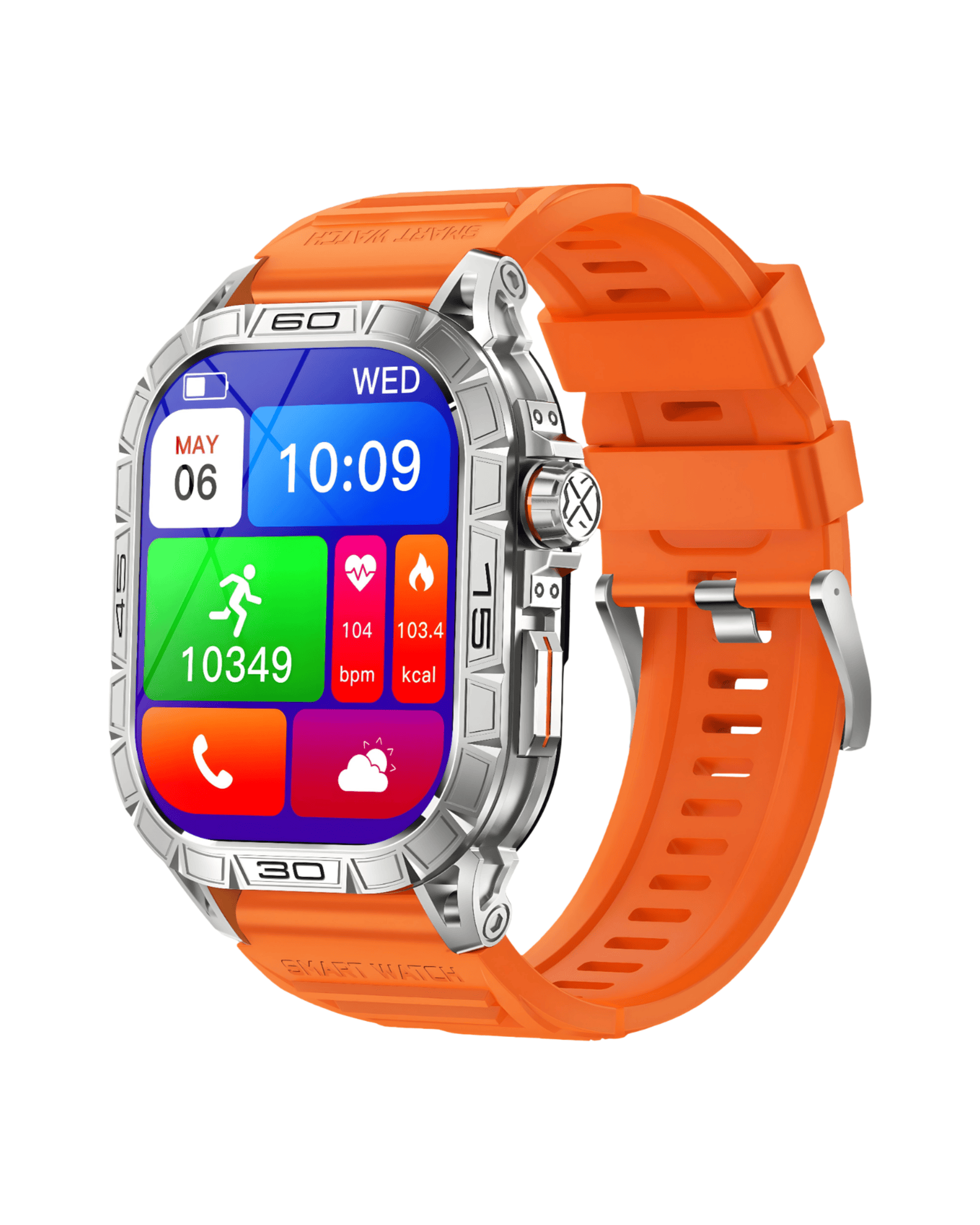 Muški pametni sat Military Panter V Silver sa srebrnim metalnim kućištem i narandžastom silikonskom narukvicom – desni bočni pogled