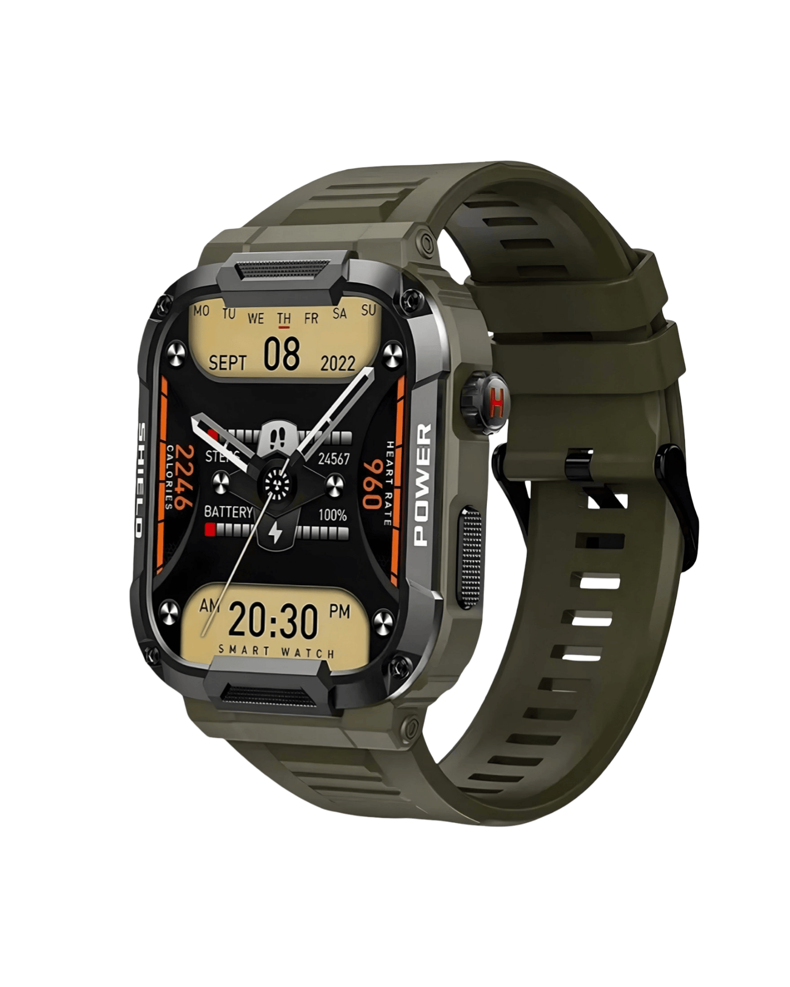 Military SHIELD IV Green pametni sat – desna bočna strana, zeleni silikon, detalj dugmadi i masivno kućište