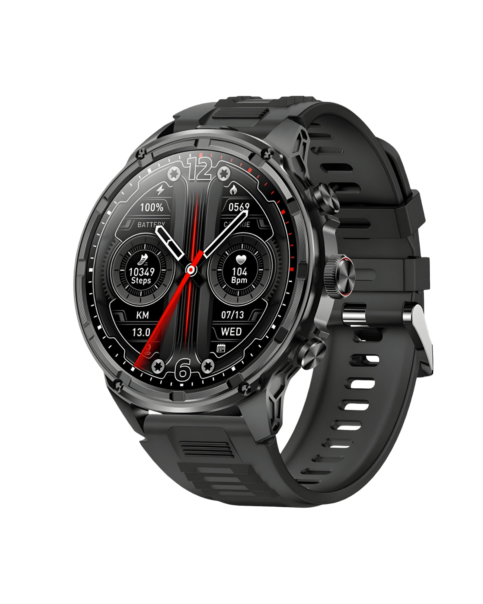 Military V99 Black pametni sat – desna bočna strana sa silikonskom narukvicom, detalj dugmadi i kućišta