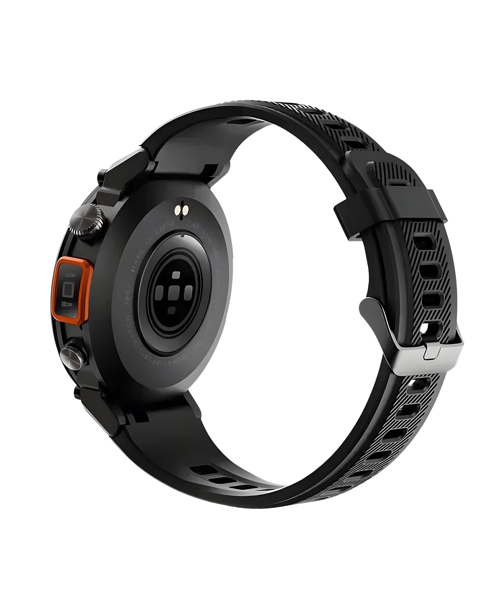 Prikaz zadnje strane muskog pametnog sata Military NX11 u crnoj boji. Silikonska Narukvica