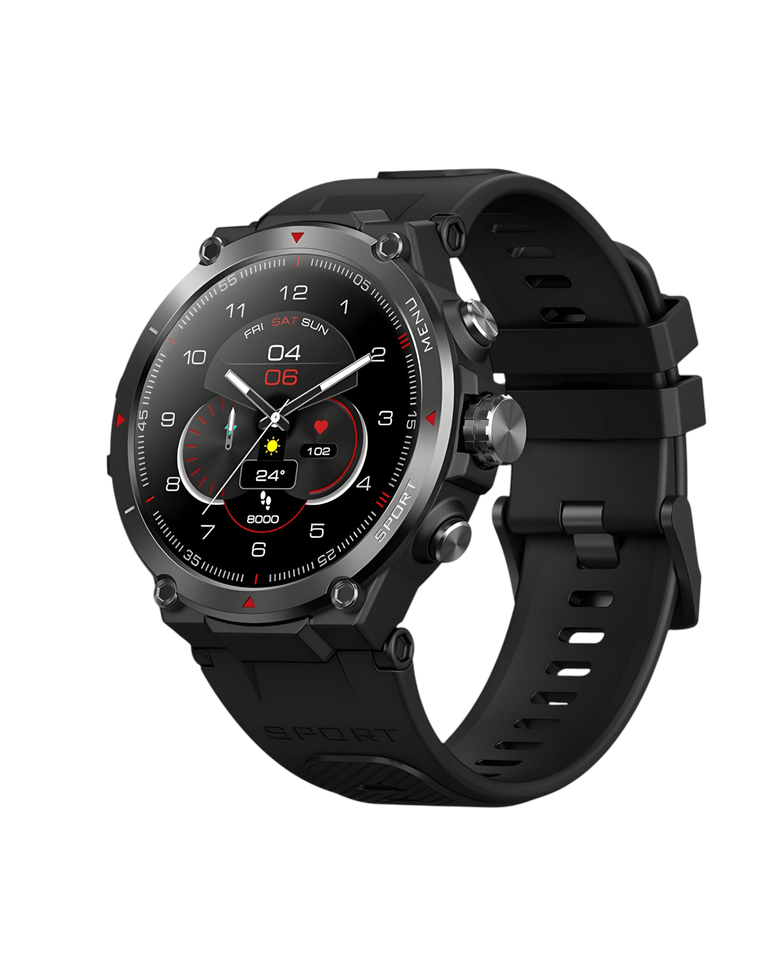 Muški pametni sat Stratos Black – desna bočna strana, crno kućište, silikonska narukvica