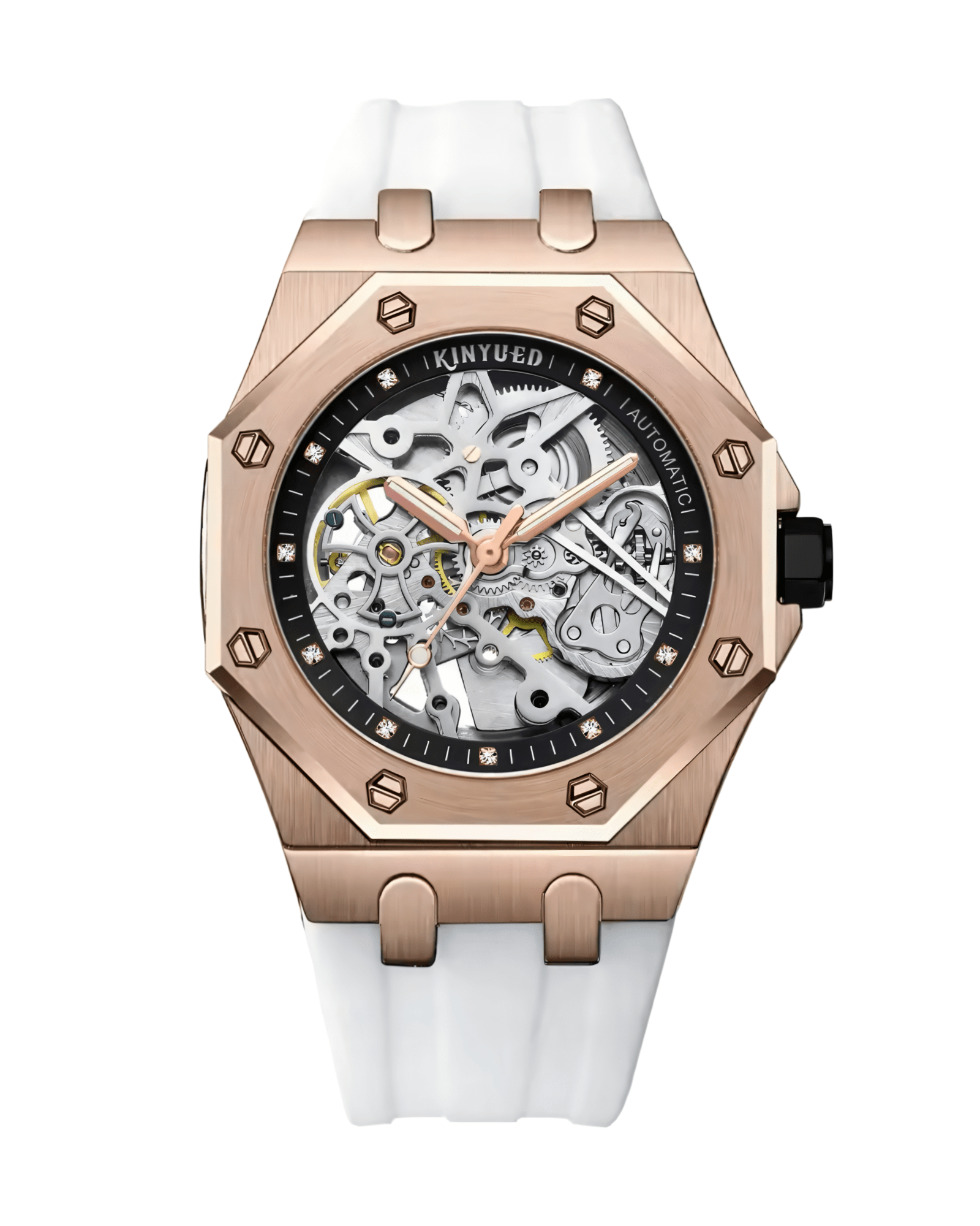 Detaljan prikaz prednje strane kucista i silikoske narukvice na muškom satu Sapphero Skeleton Automatic,zlatno bela boja, Najbolja Cena i prodaja u Srbiji.