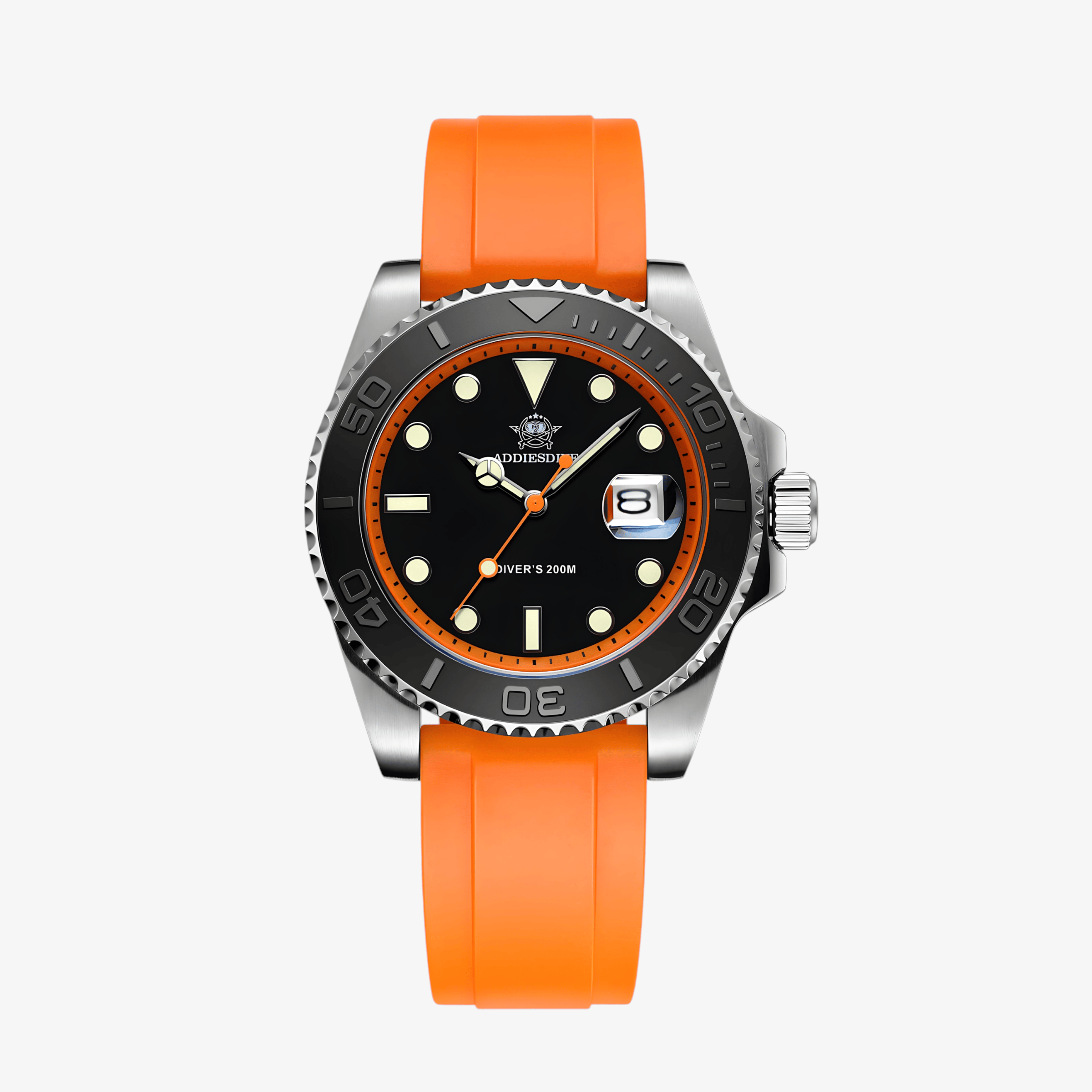 Prednji prikaz sata ADDIESDIVE AD2040 sa crnim brojčanikom, crnom koronom i narandžastom silikonskom narukvicom