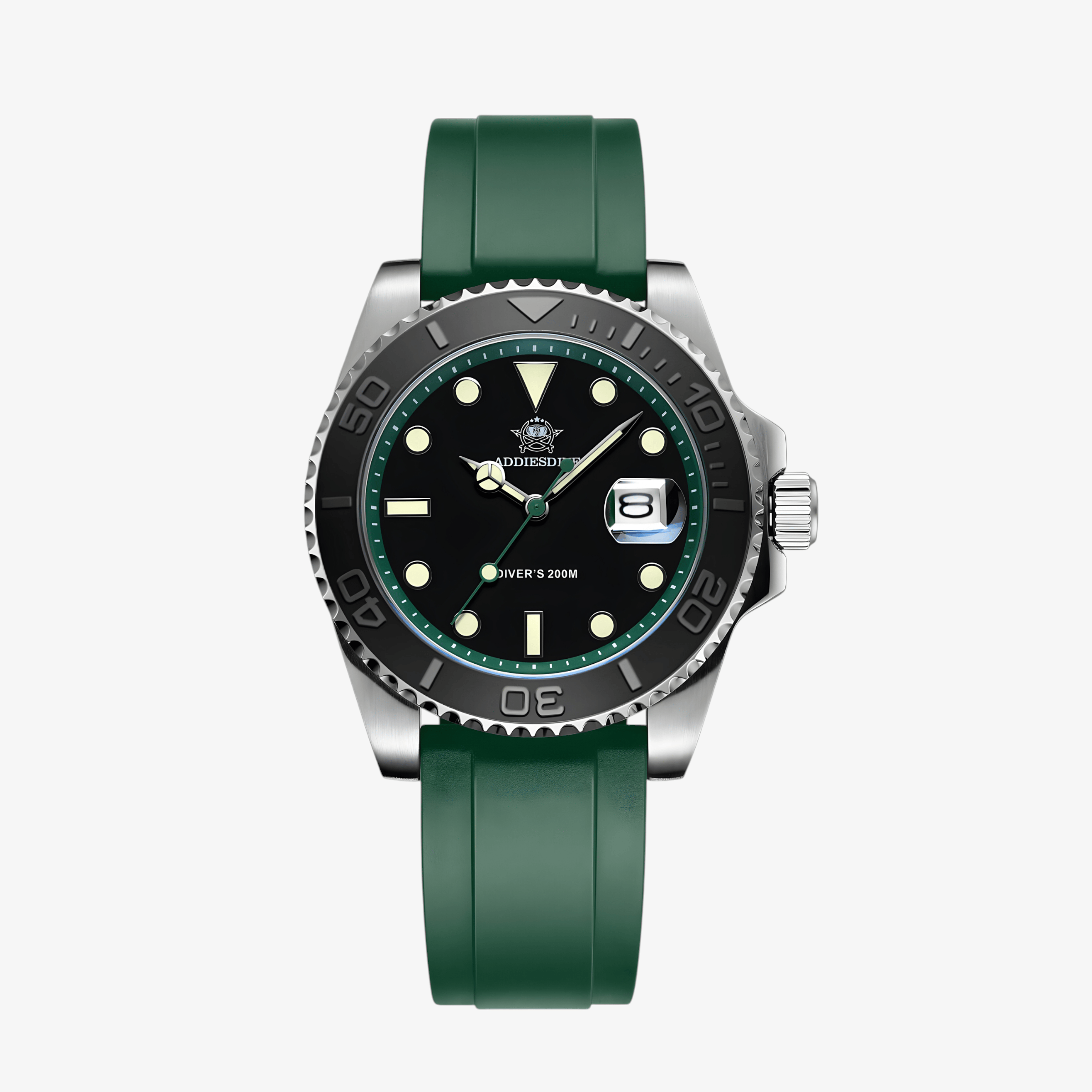 Prikaz prednje strane sata ADDIESDIVE AD2040 sa crnim brojčanikom, crnom koronom i zelenom silikonskom narukvicom