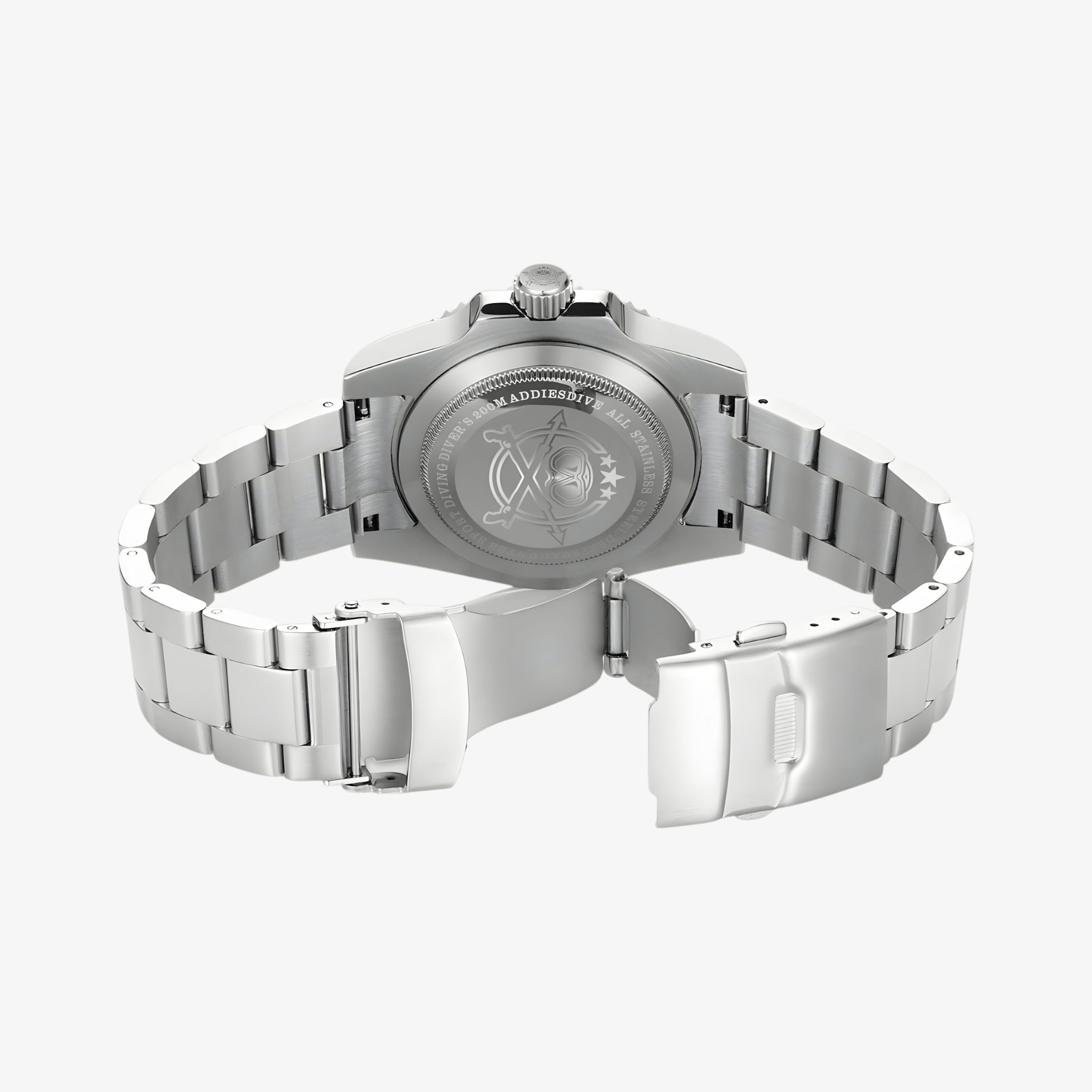 Zadnja strana sata ADDIESDIVE MY-H3 sa graviranim čeličnim poklopcem i metalnom narukvicom