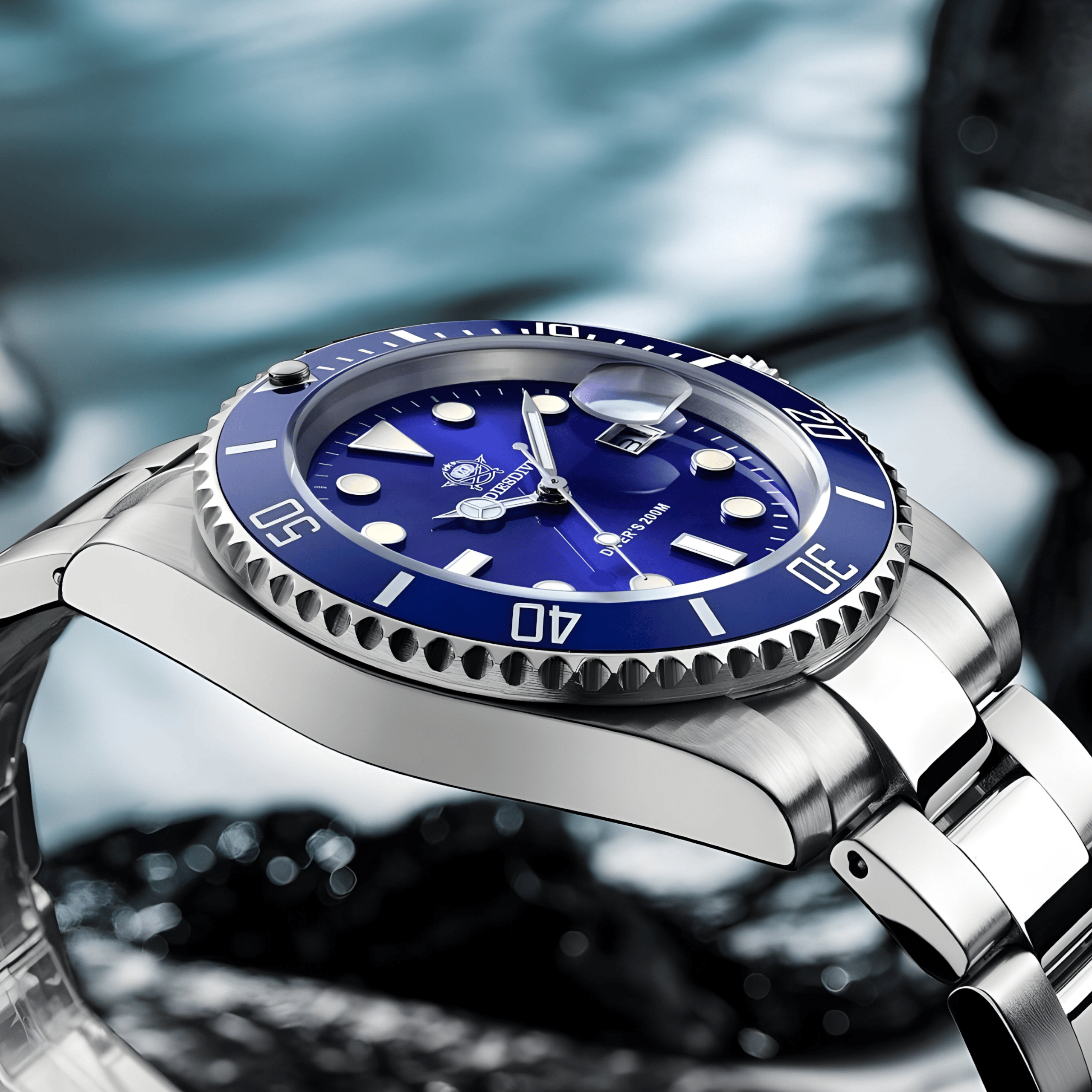 Krupni prikaz plavog brojčanika i čeličnog kućišta modela ADDIESDIVE MY-H3