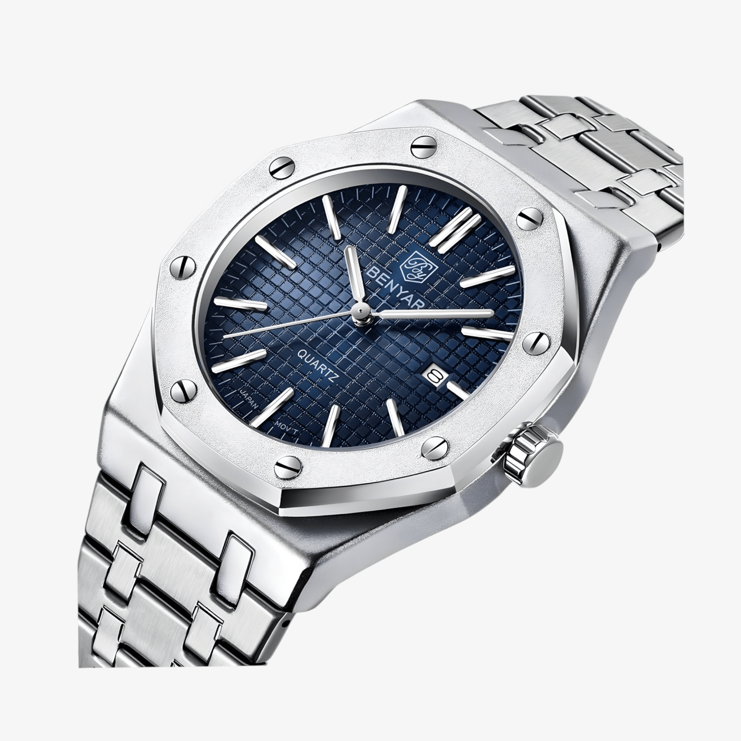 Detaljan prikaz plavog brojčanika i čeličnog kućišta modela Benyar BY-5156-1