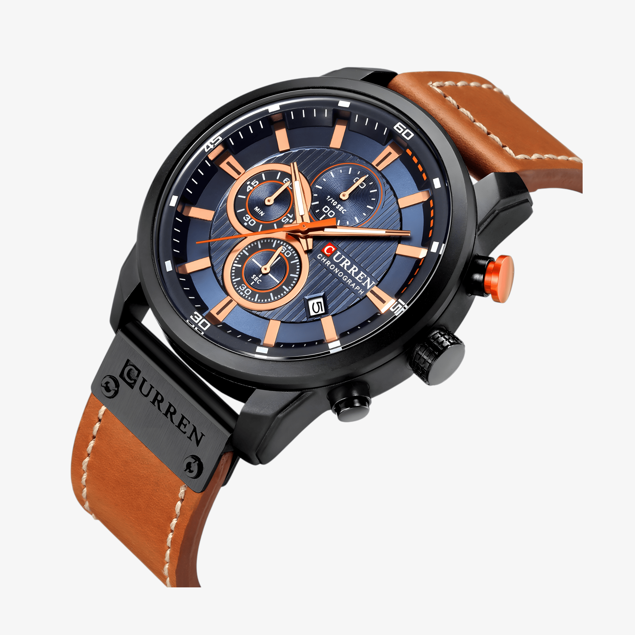 Detaljan pogled na čelično crno kućište i plavi brojčanik muškog sata Curren CR-8291