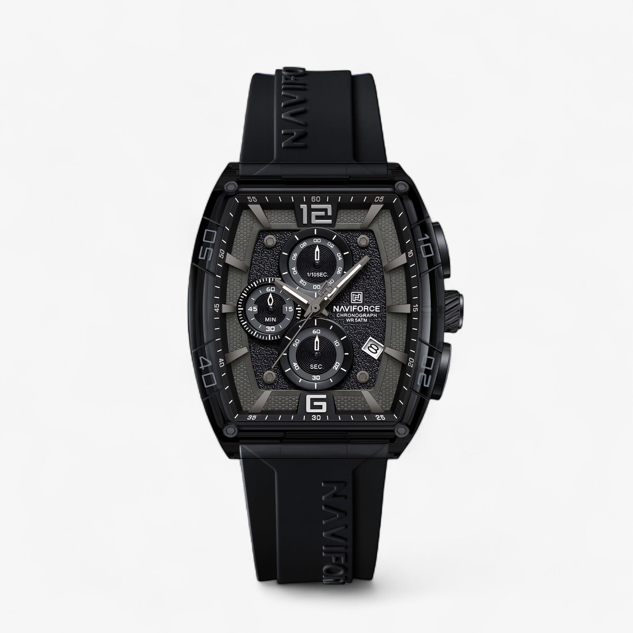 Prednji prikaz muškog sata Naviforce NF6101 u crnoj boji – moderan brojčanik sa hronografom