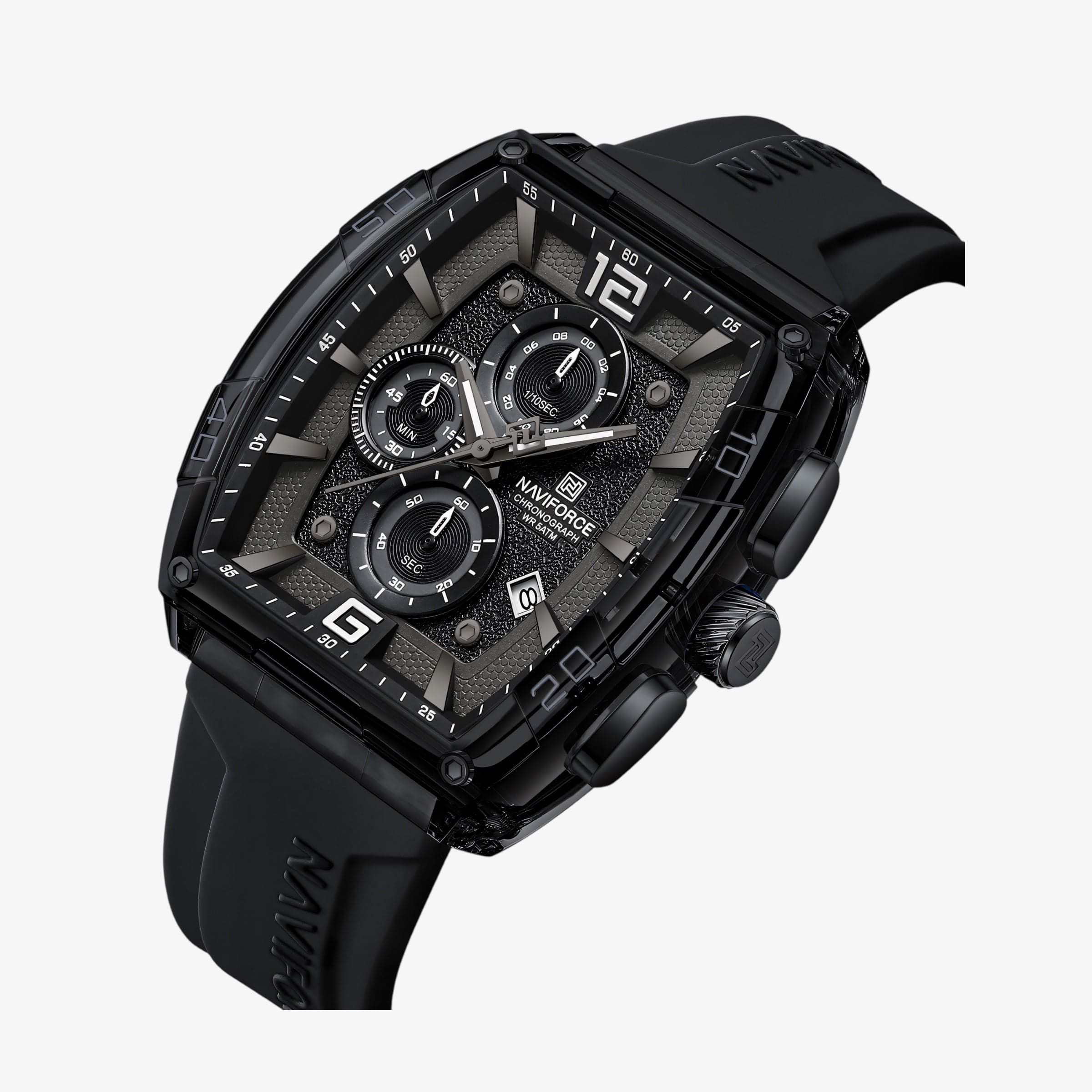Muški sat Naviforce NF6101 – pogled spreda izbliza, crna boja sa sportskim dizajnom
