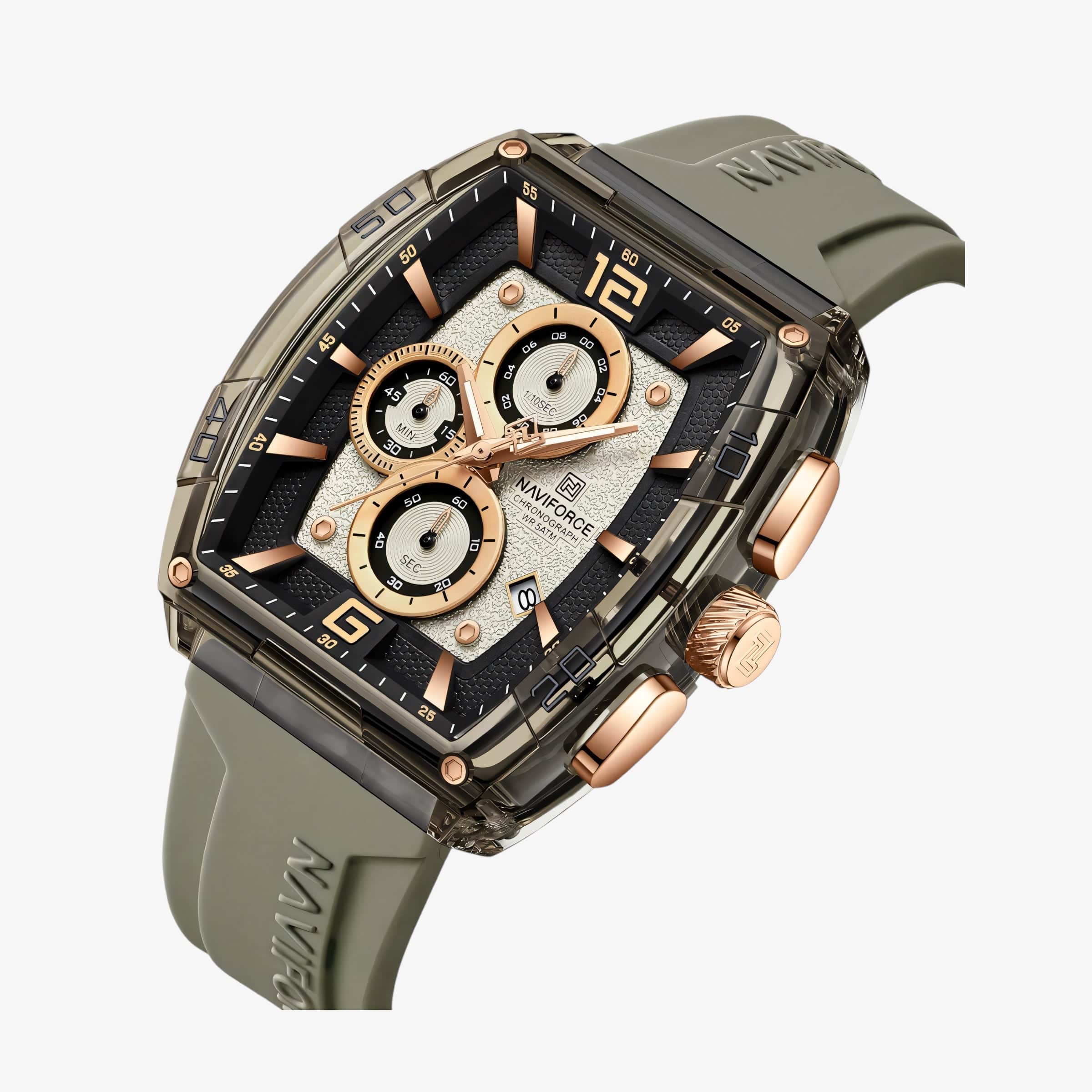 Naviforce NF6101 maslinasto zeleni muški sat sa zlatnim detaljima – prednja strana sa hronografom