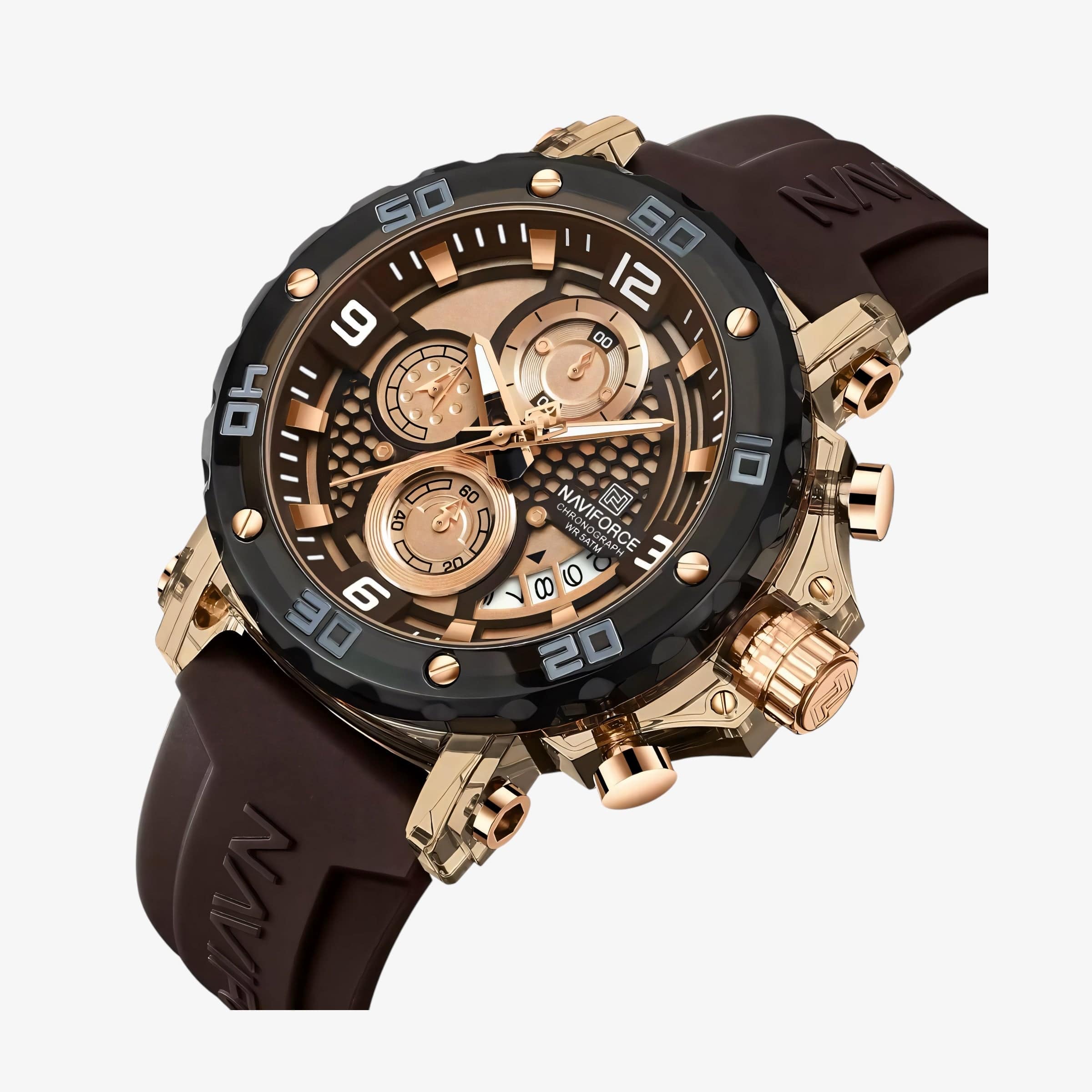 NaviForce NF7123 - Braon-Rose Gold Boja - Prikaz prednje strane kućišta i brojčanika na muškom satu