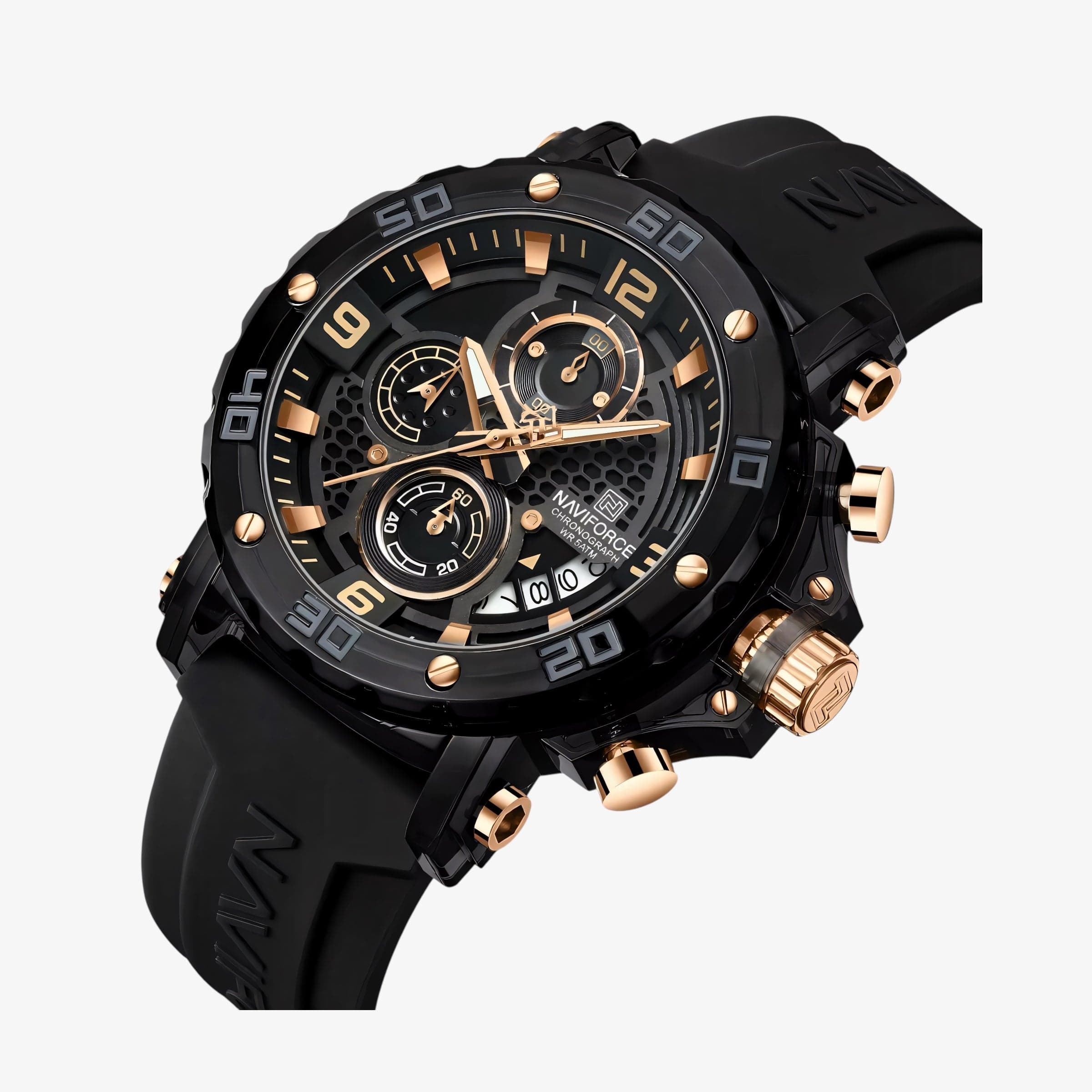 Muški Sat NaviForce NF7123 u Crno-Rose Gold Boji prikazan izbliza brojčanik i kućište