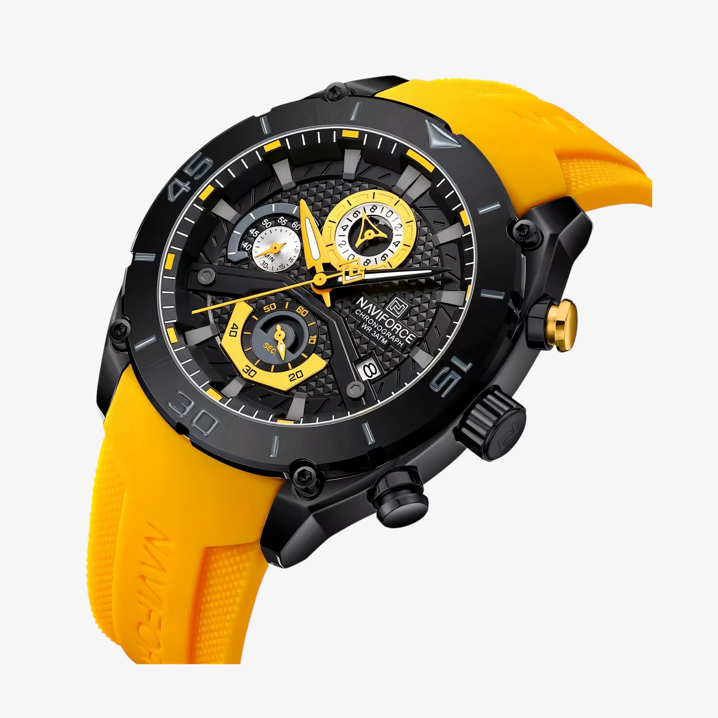NaviForce NF8038 - Žuta Boja - Prikaz prednje strane brojčanika muškog sata