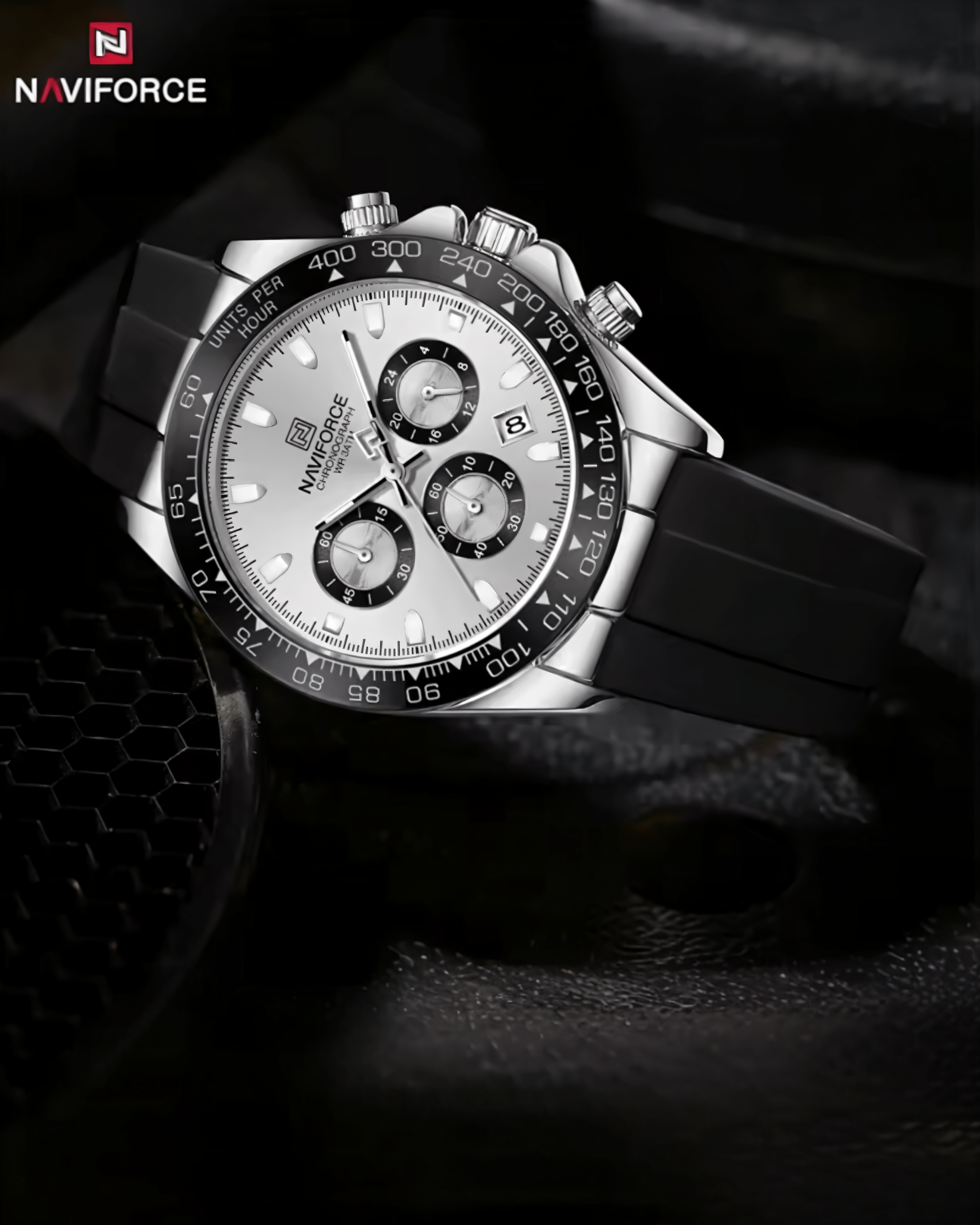 Muški Sat Naviforce NF8054 Daytona - Crna Rose Gold Boja - Prikaz brojčanika i silikonske narukvice
