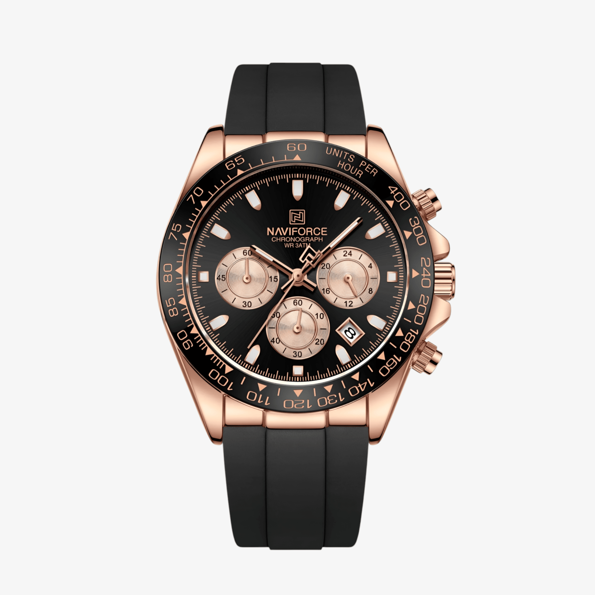 Prednja strana muškog sata NaviForce NF8054 Daytona sa rose gold kućištem i crnim silikonskim kaišem