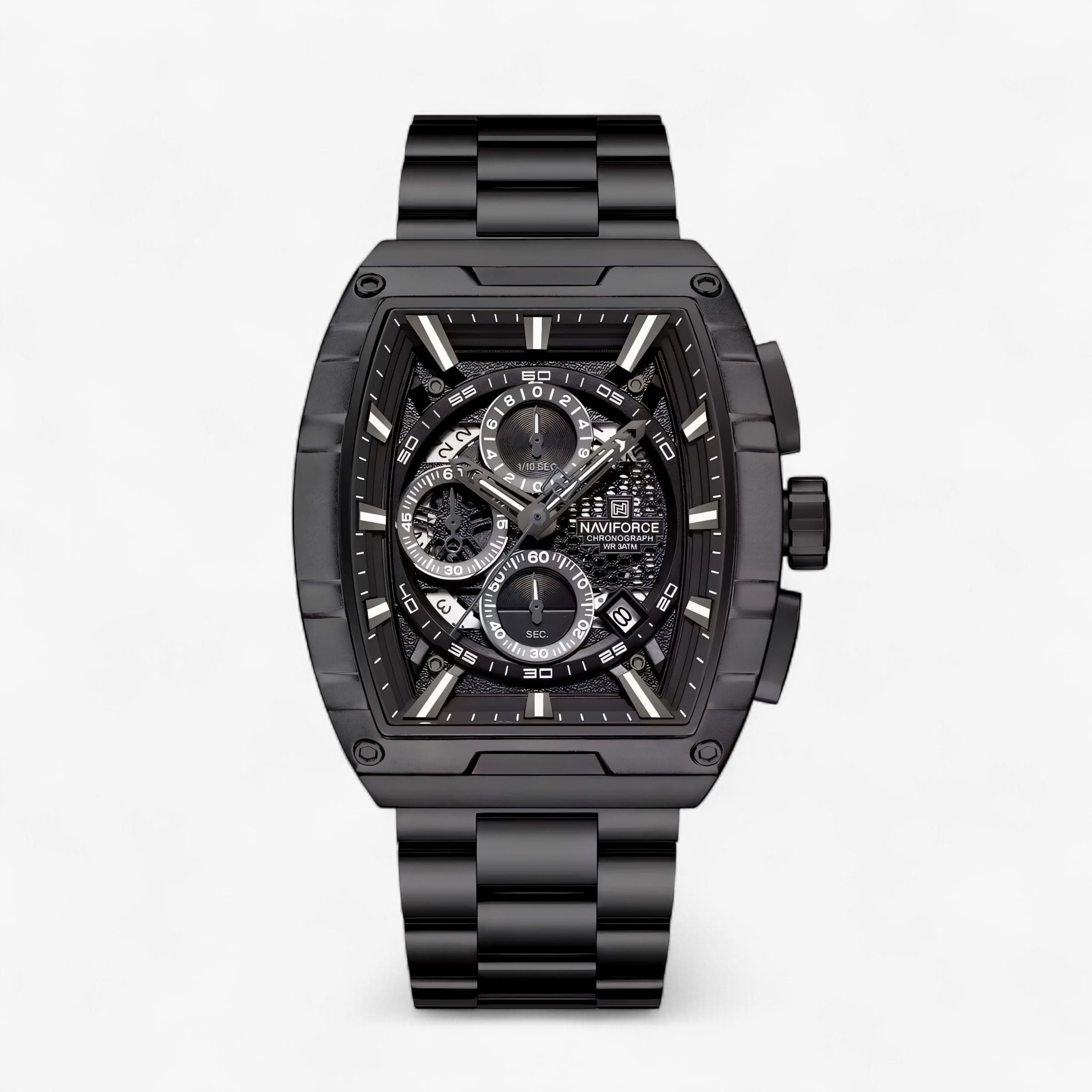Muški sat Naviforce NF8066 prikazan sa prednje strane, istaknuti brojčanik i metalna narukvica u crnoj boji