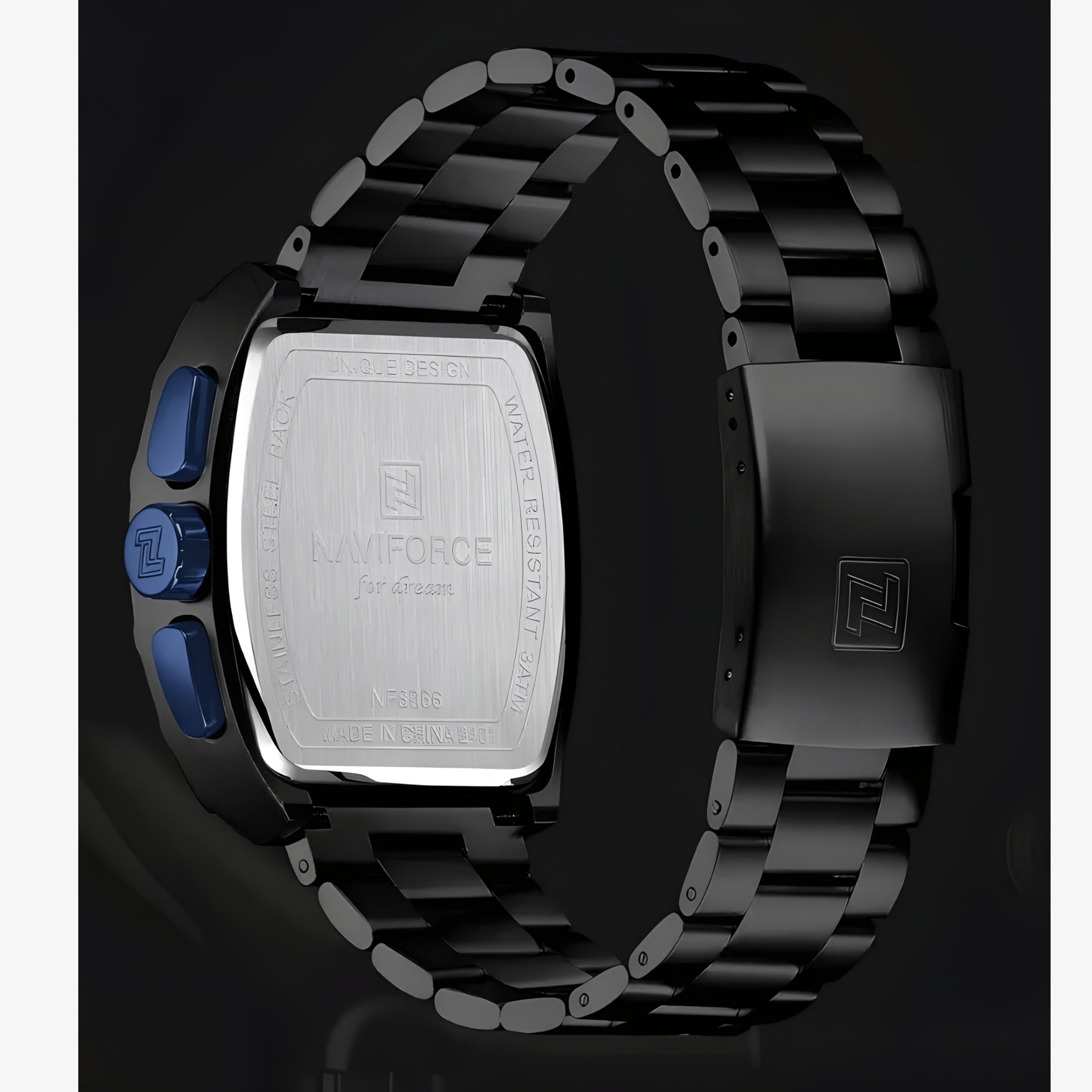 Zadnja strana muškog sata NaviForce NF8066 Titan sa čeličnim kućištem i metalnom narukvicom