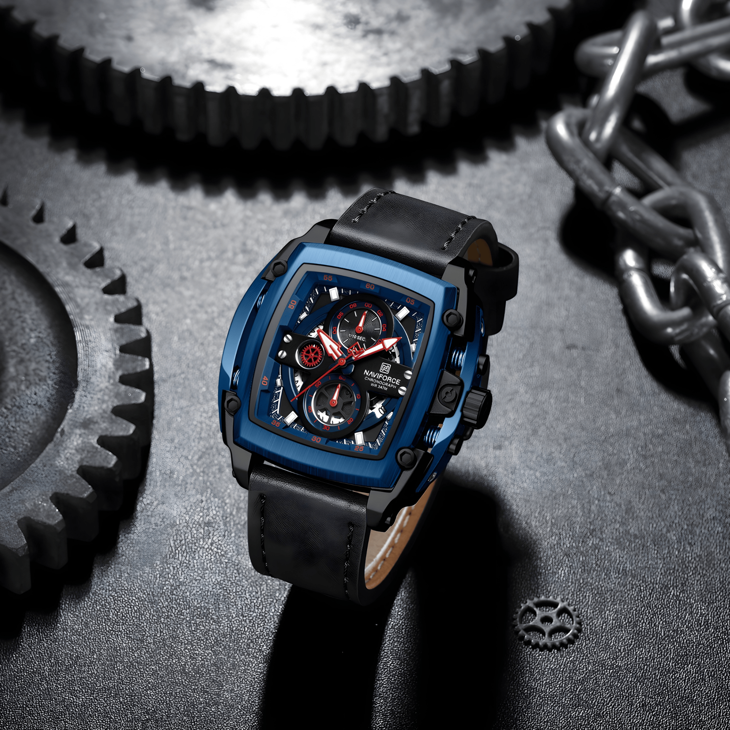 Muški sat NaviForce NF8067 u lifestyle fotografiji, crni dizajn sa plavim detaljima i kožnim kaišem